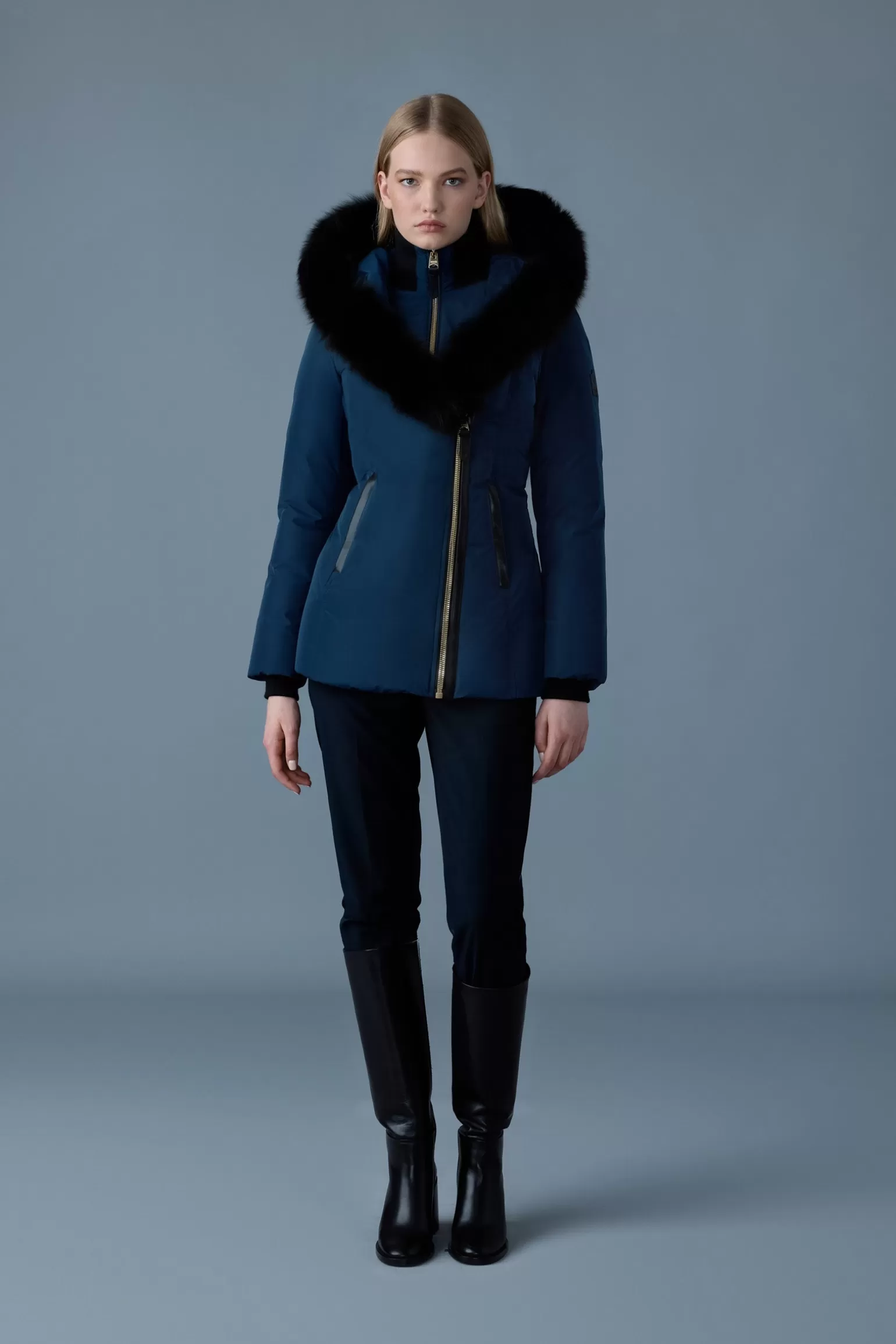 Mackage ADALI Down coat with blue fox fur Signature Collar Navy-Gold Sale