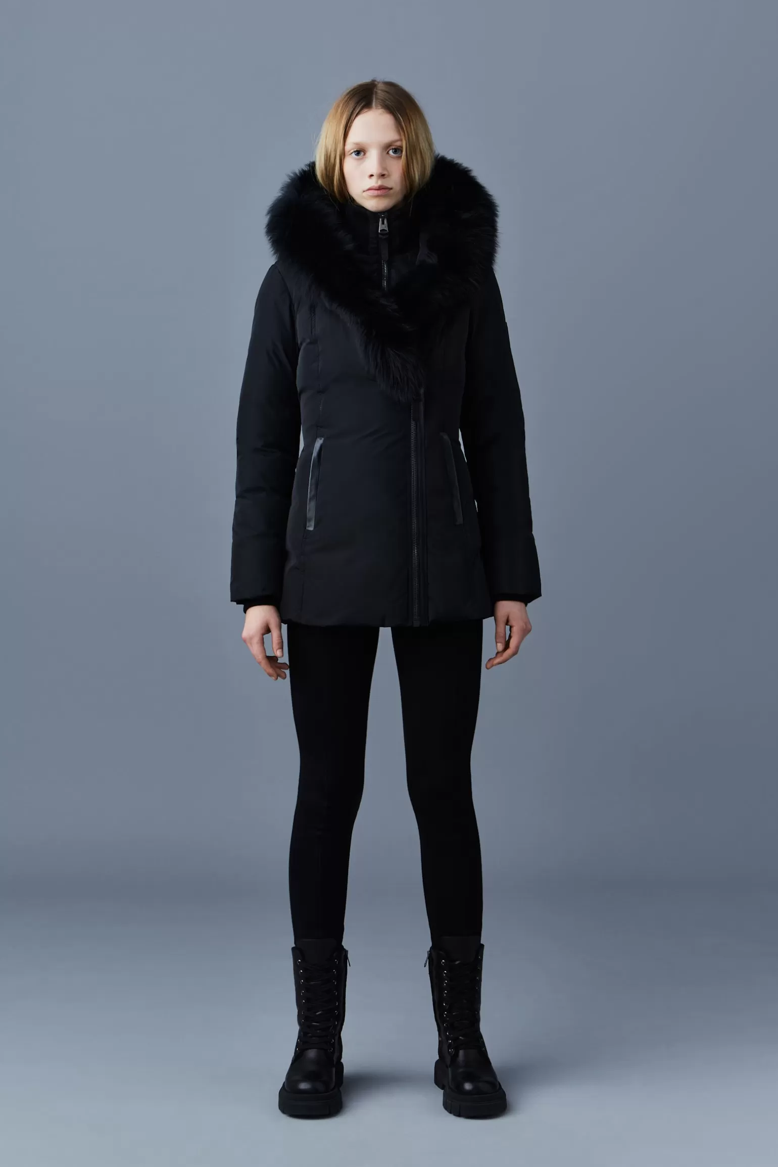 Mackage ADALI Down coat with blue fox fur Signature Collar Black Sale