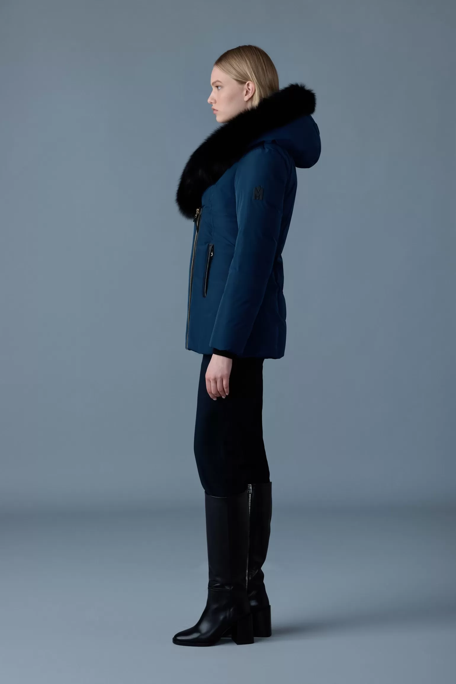 Mackage ADALI Down coat with blue fox fur Signature Collar Navy-Gold Sale