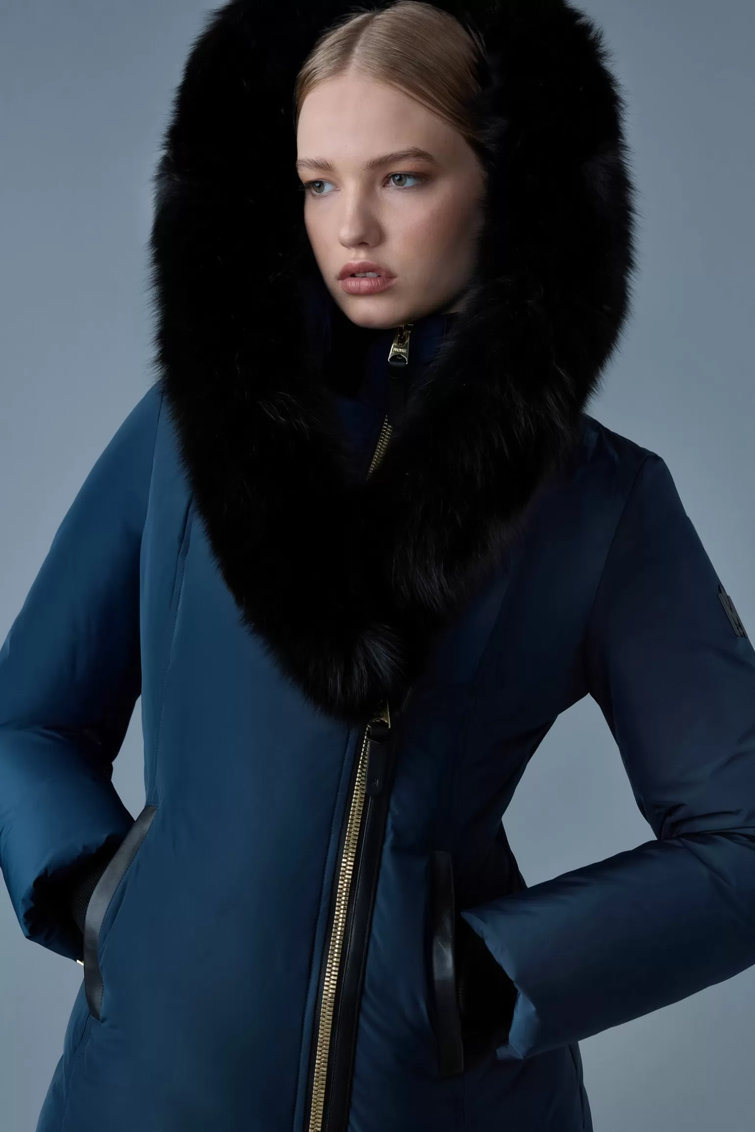 Mackage ADALI Down coat with blue fox fur Signature Collar Navy-Gold Sale
