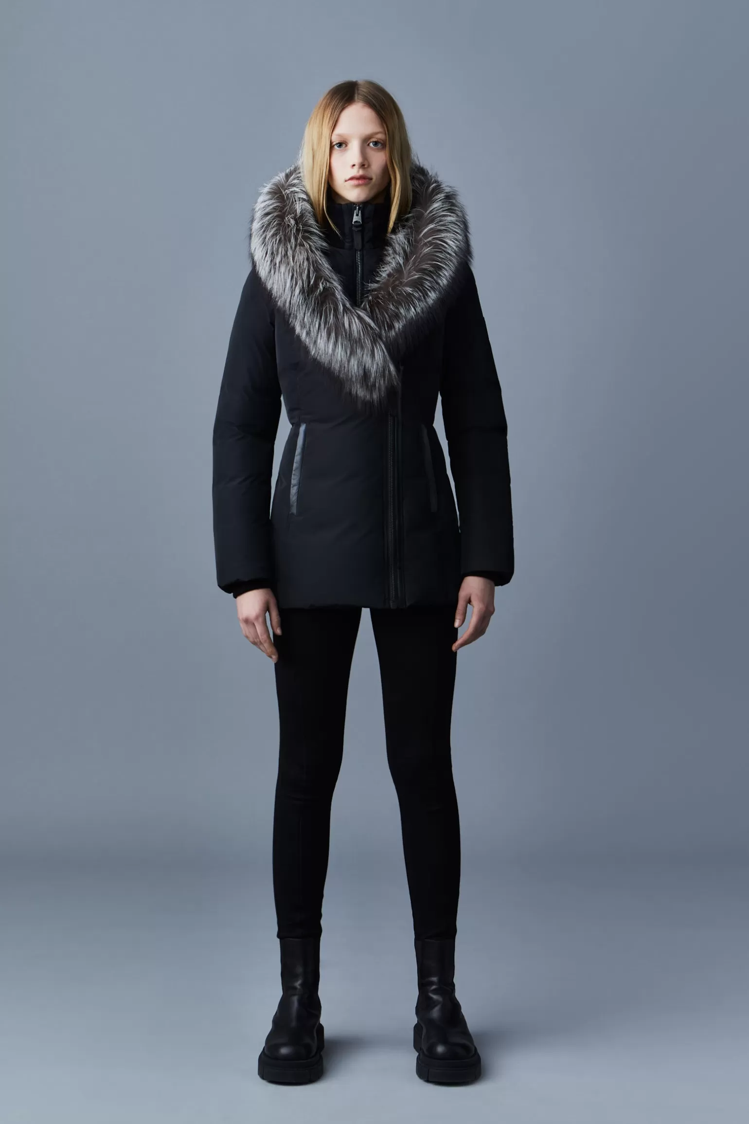 Mackage ADALI Down coat with silver fox fur Signature Collar Black Shop