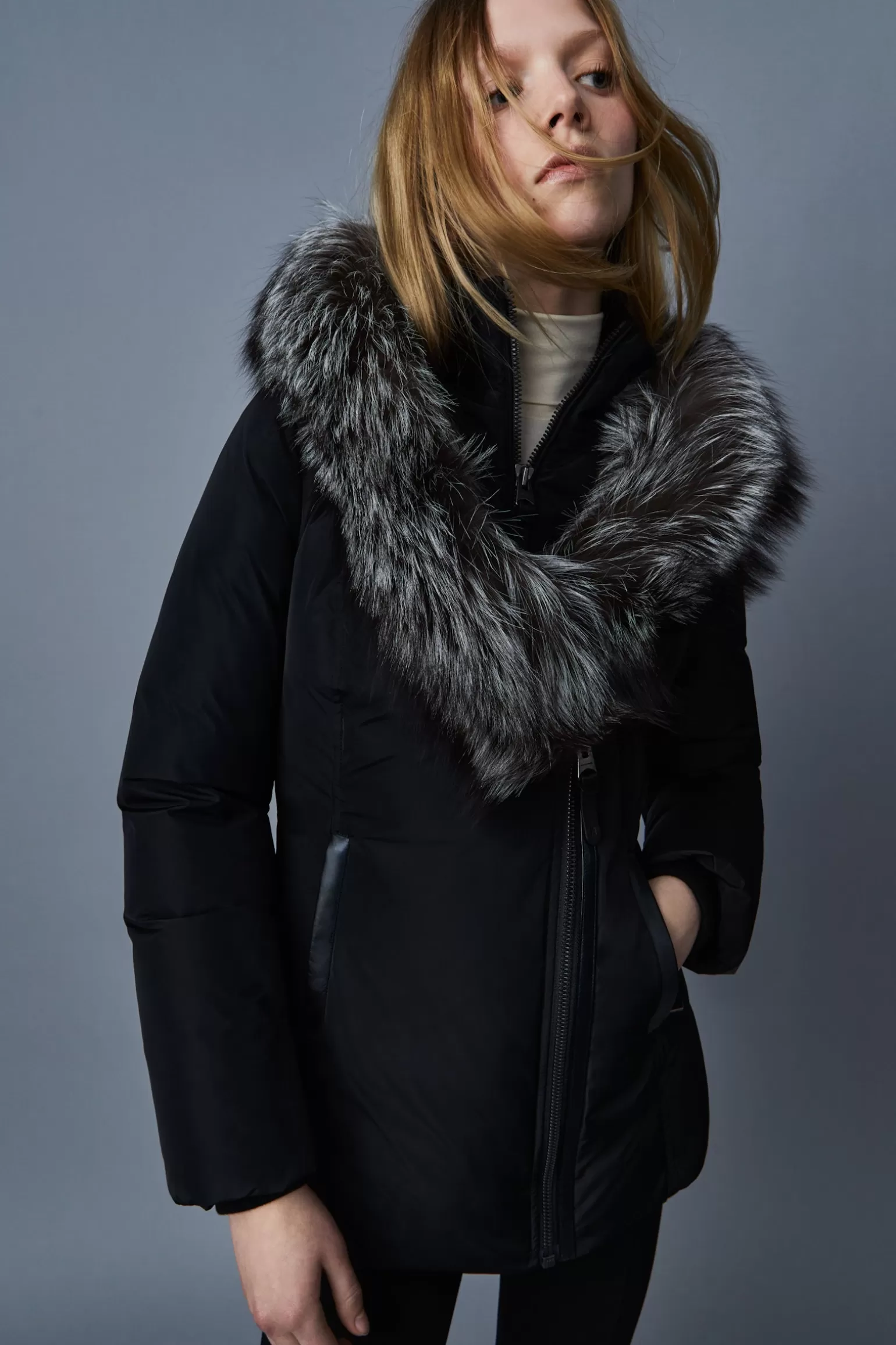 Mackage ADALI Down coat with silver fox fur Signature Collar Black Shop