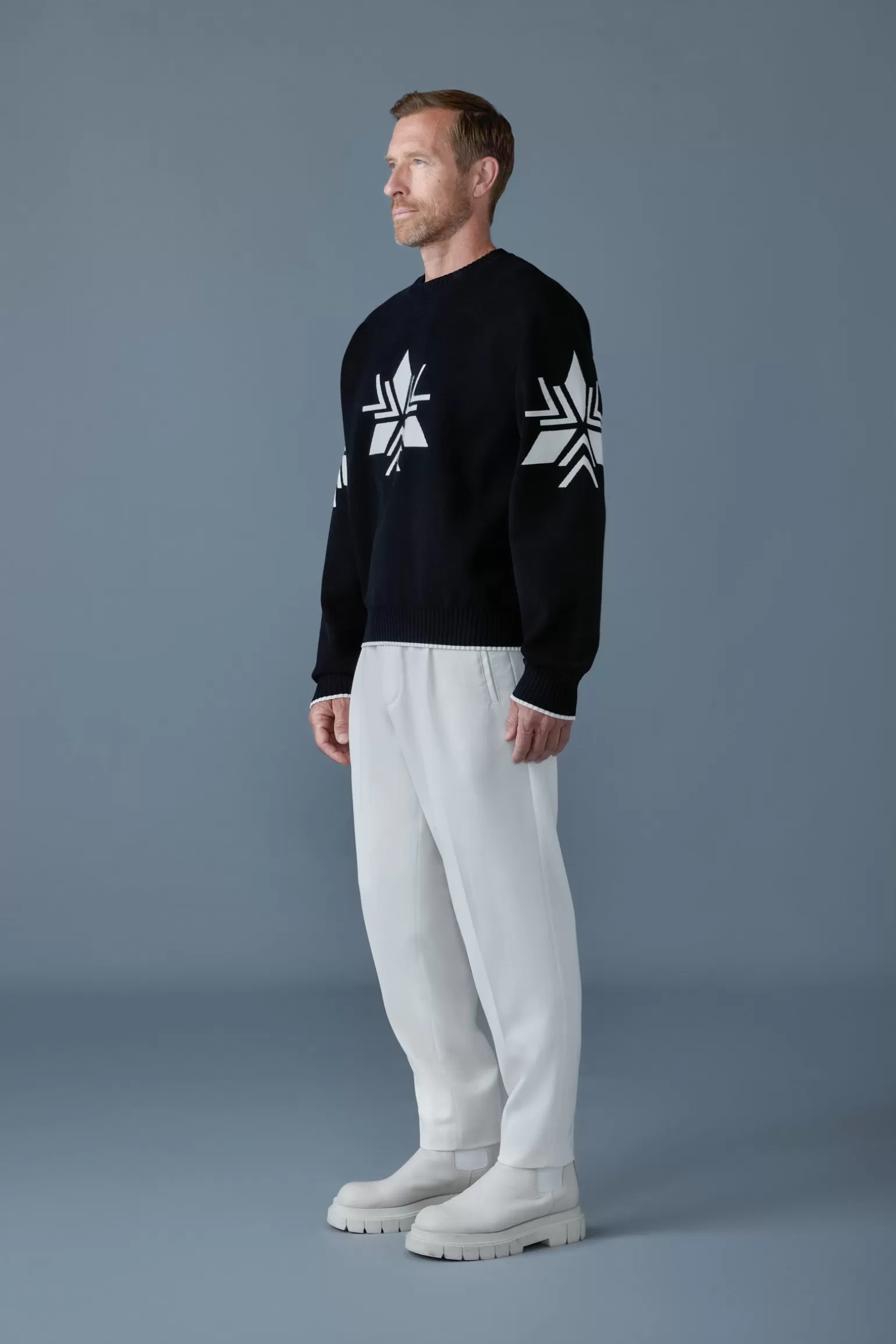 Mackage BENTLEY-SF Jacquard snowflake knit sweater Black-Cream Best Sale