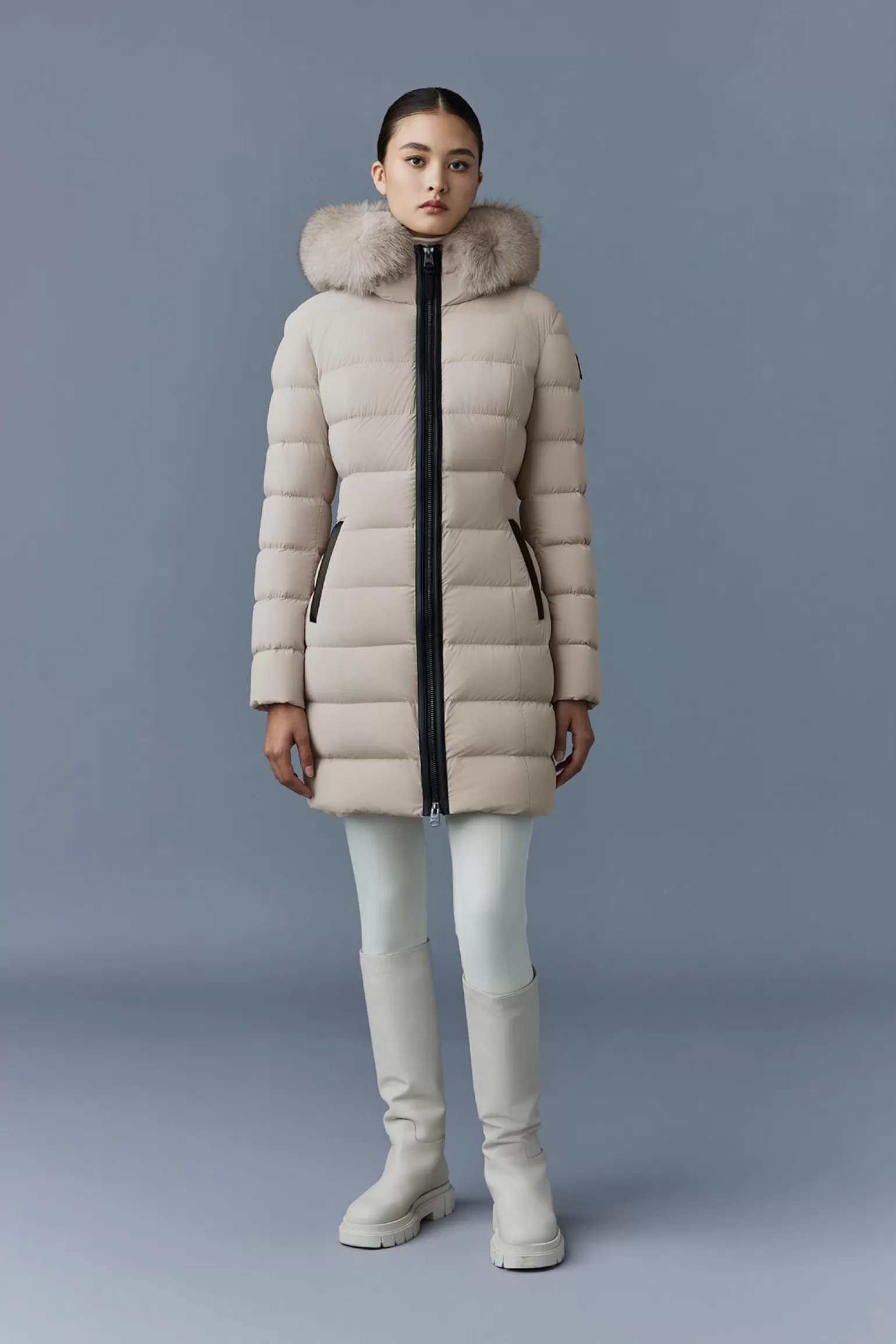Mackage CALLA Agile-360 stretch light down coat with blue fox fur collar Trench Cheap