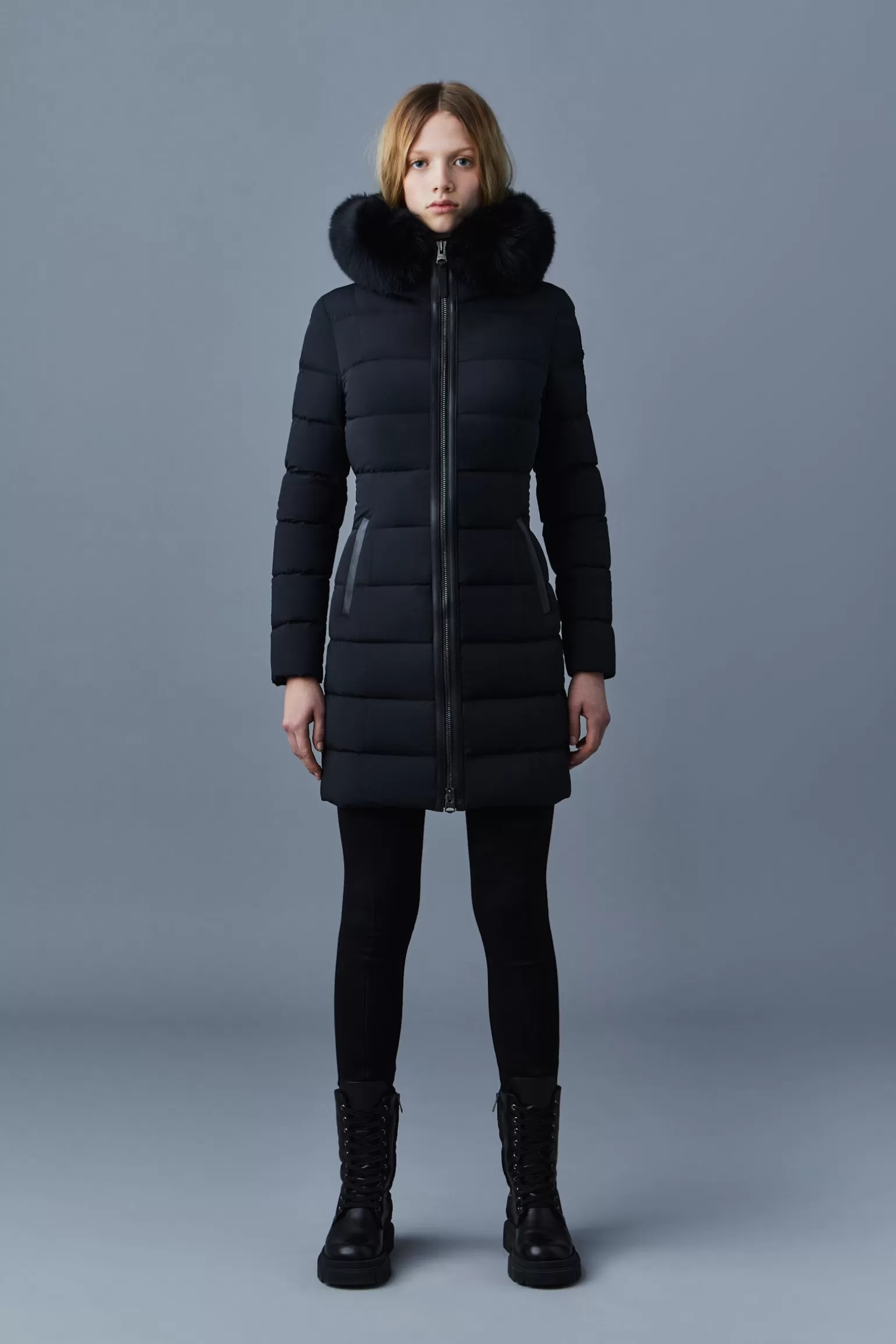 Mackage CALLA Agile-360 stretch light down coat with blue fox fur collar Black Fashion