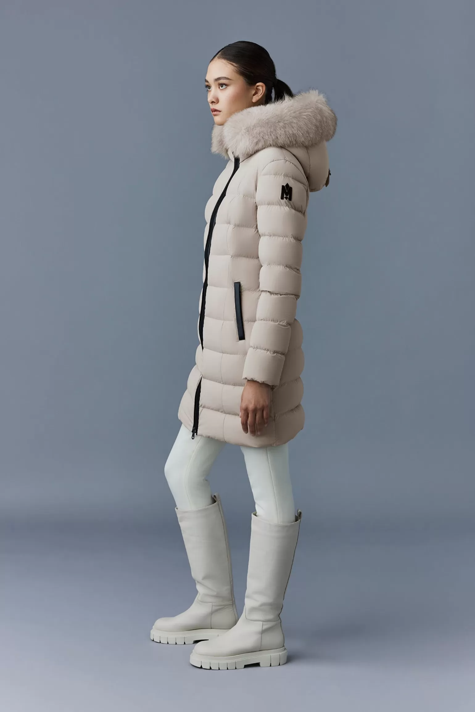 Mackage CALLA Agile-360 stretch light down coat with blue fox fur collar Trench Cheap