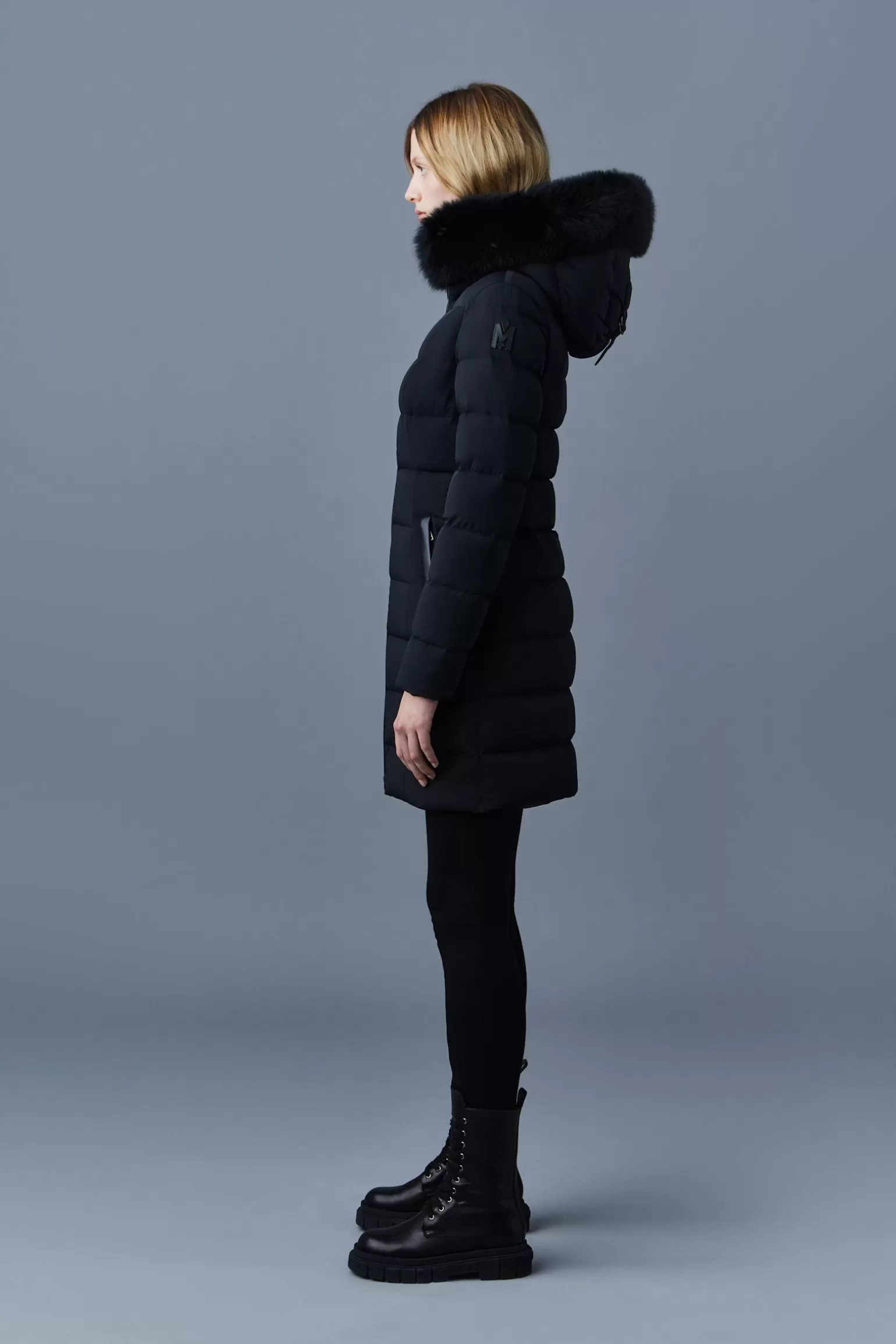 Mackage CALLA Agile-360 stretch light down coat with blue fox fur collar Black Fashion
