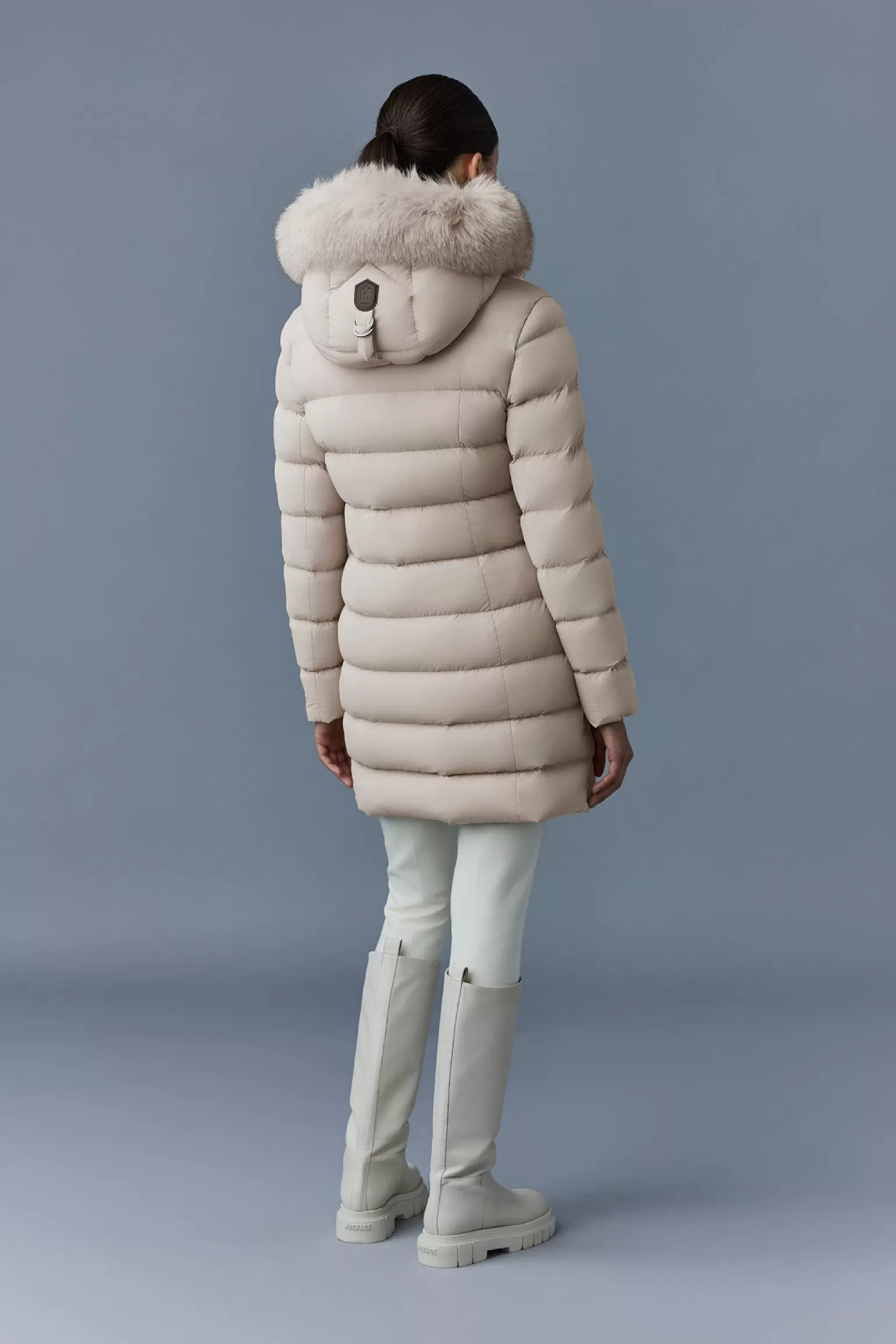 Mackage CALLA Agile-360 stretch light down coat with blue fox fur collar Trench Cheap