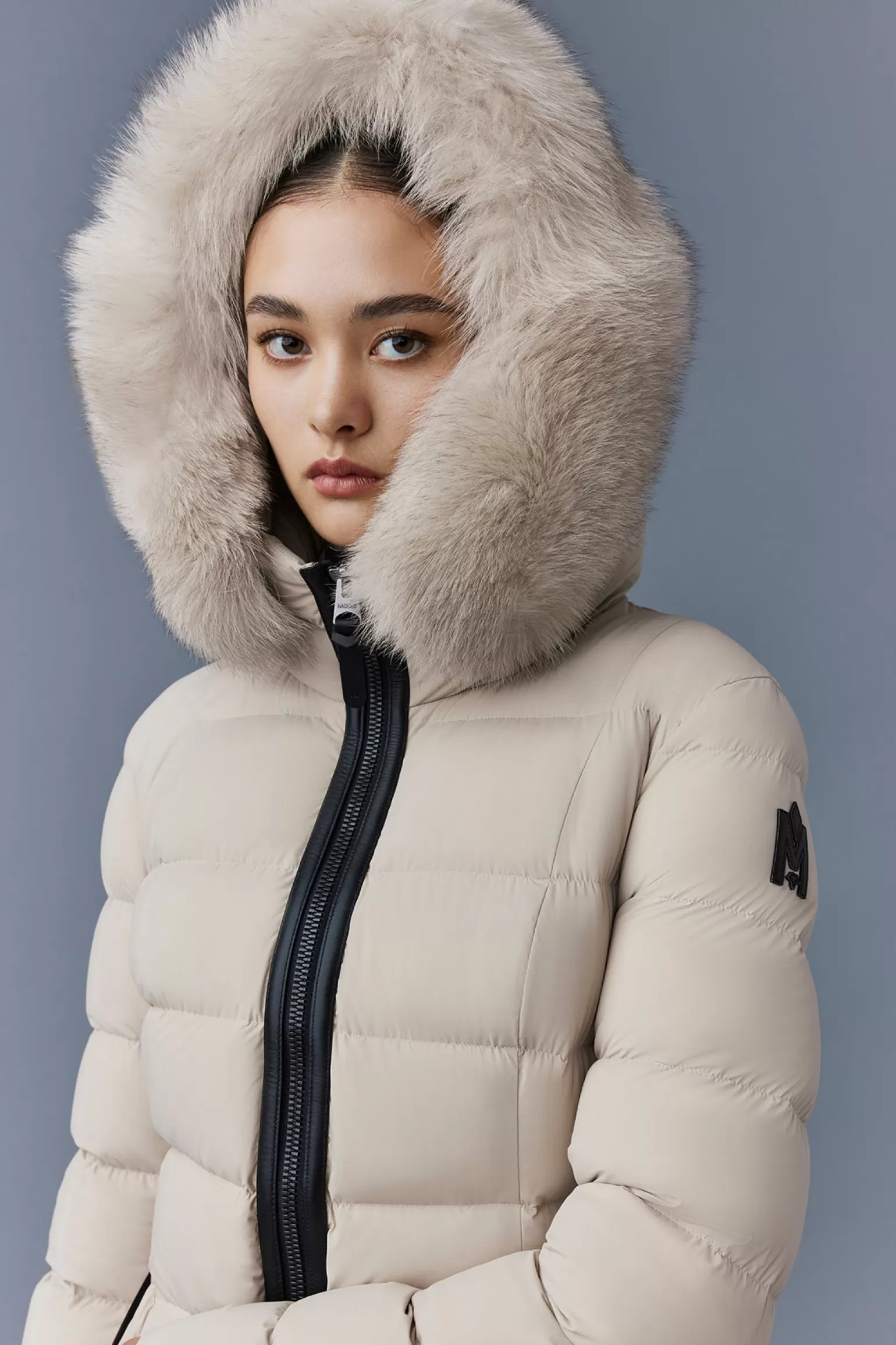 Mackage CALLA Agile-360 stretch light down coat with blue fox fur collar Trench Cheap