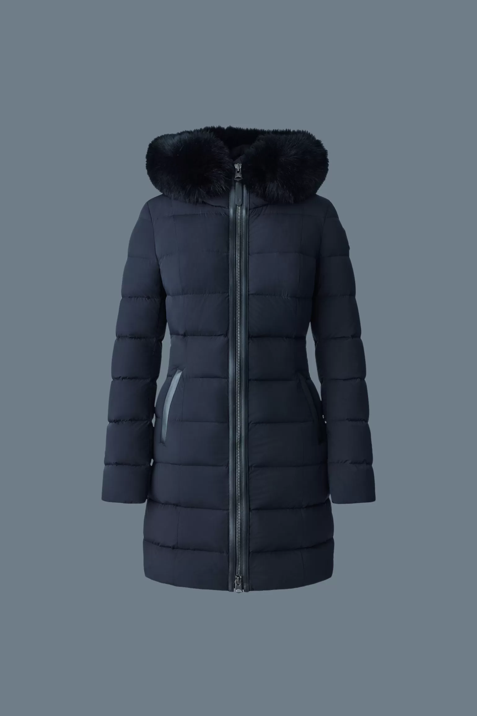 Mackage CALLA Agile-360 stretch light down coat with blue fox fur collar Black Fashion