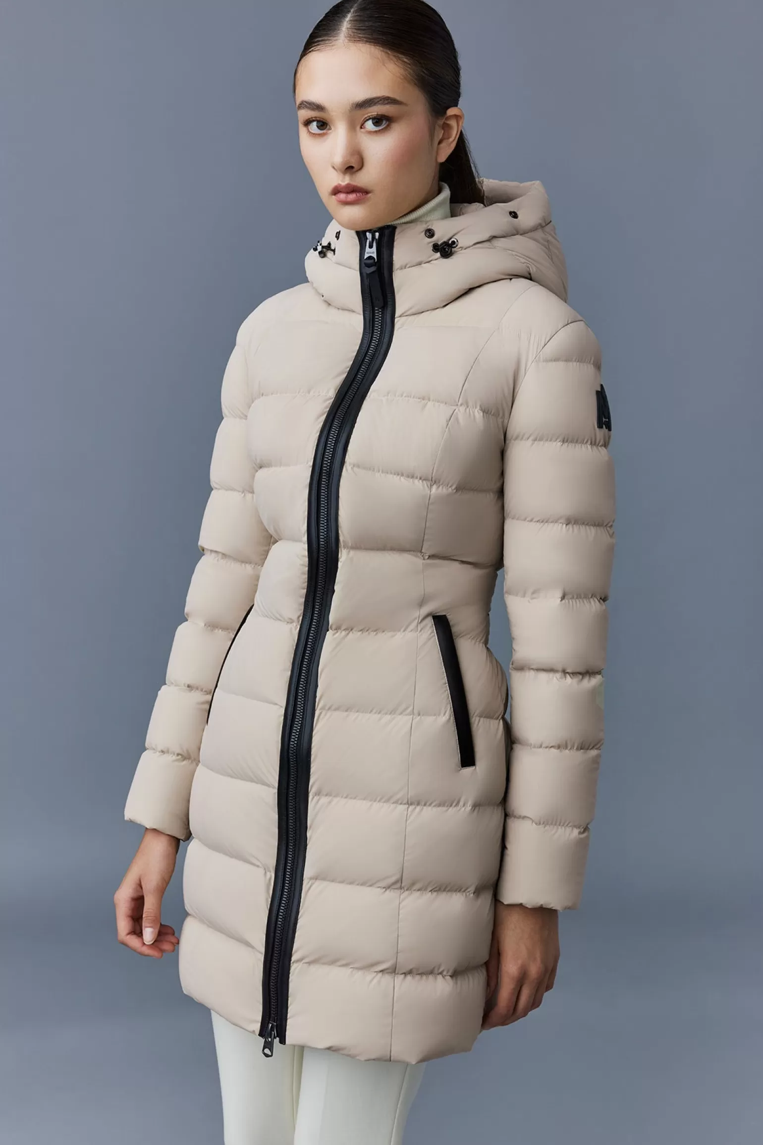 Mackage CALLA Agile-360 stretch light down coat with blue fox fur collar Trench Cheap