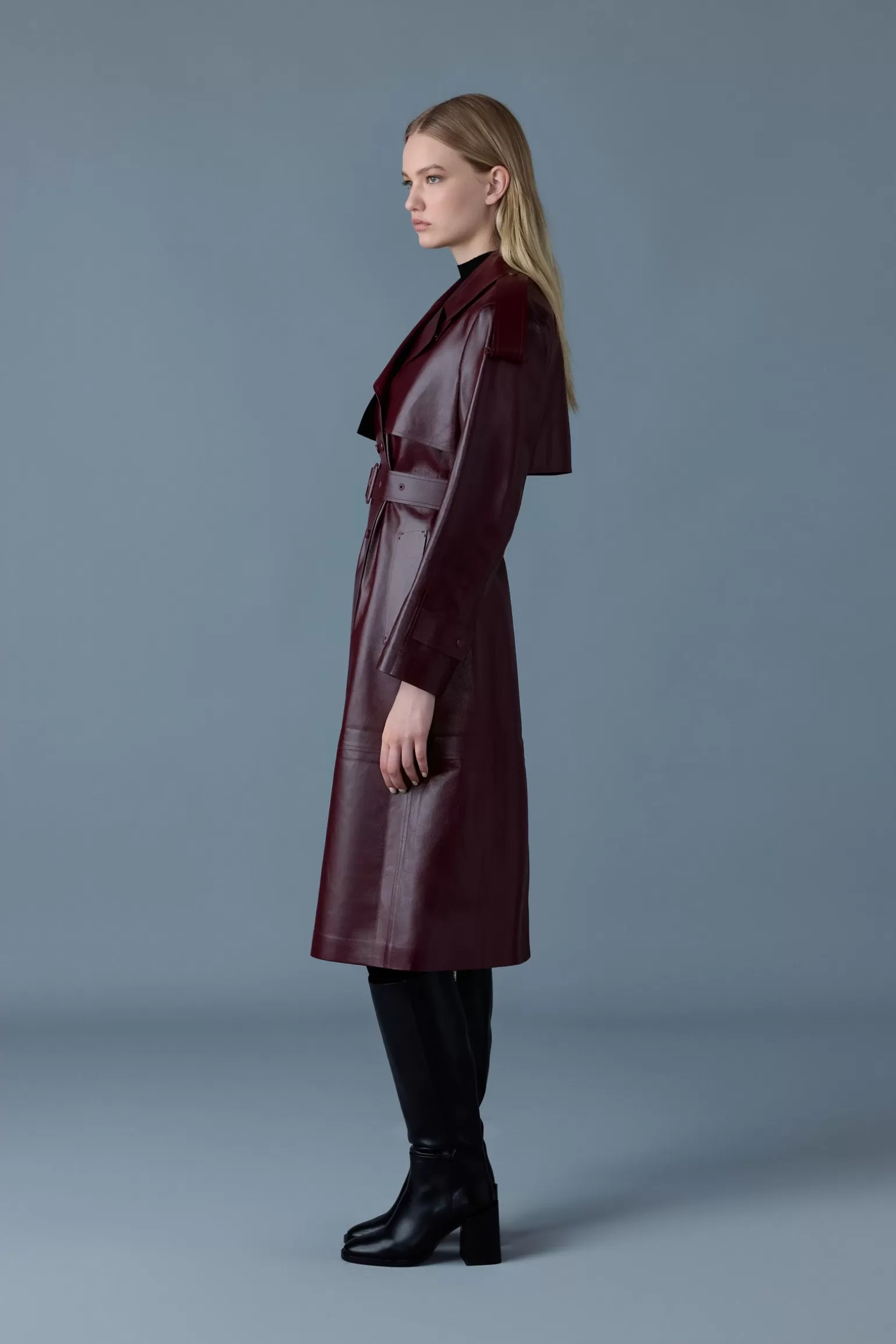 Mackage CARMELA Leather Trench with Belt Garnet Discount