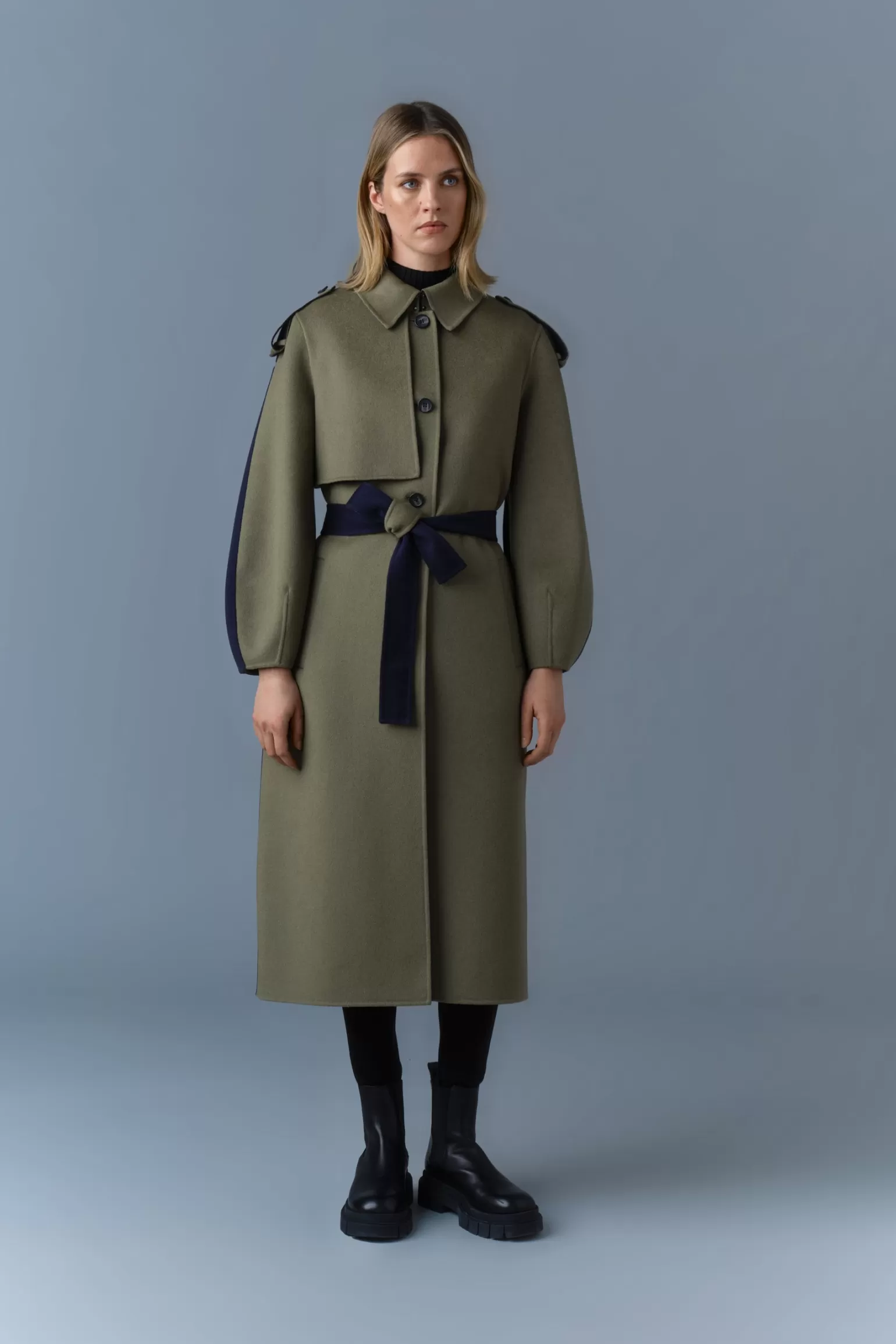 Mackage CEYLA Double-Face Wool Coat with Sash Belt LightMilitary-Navy Shop