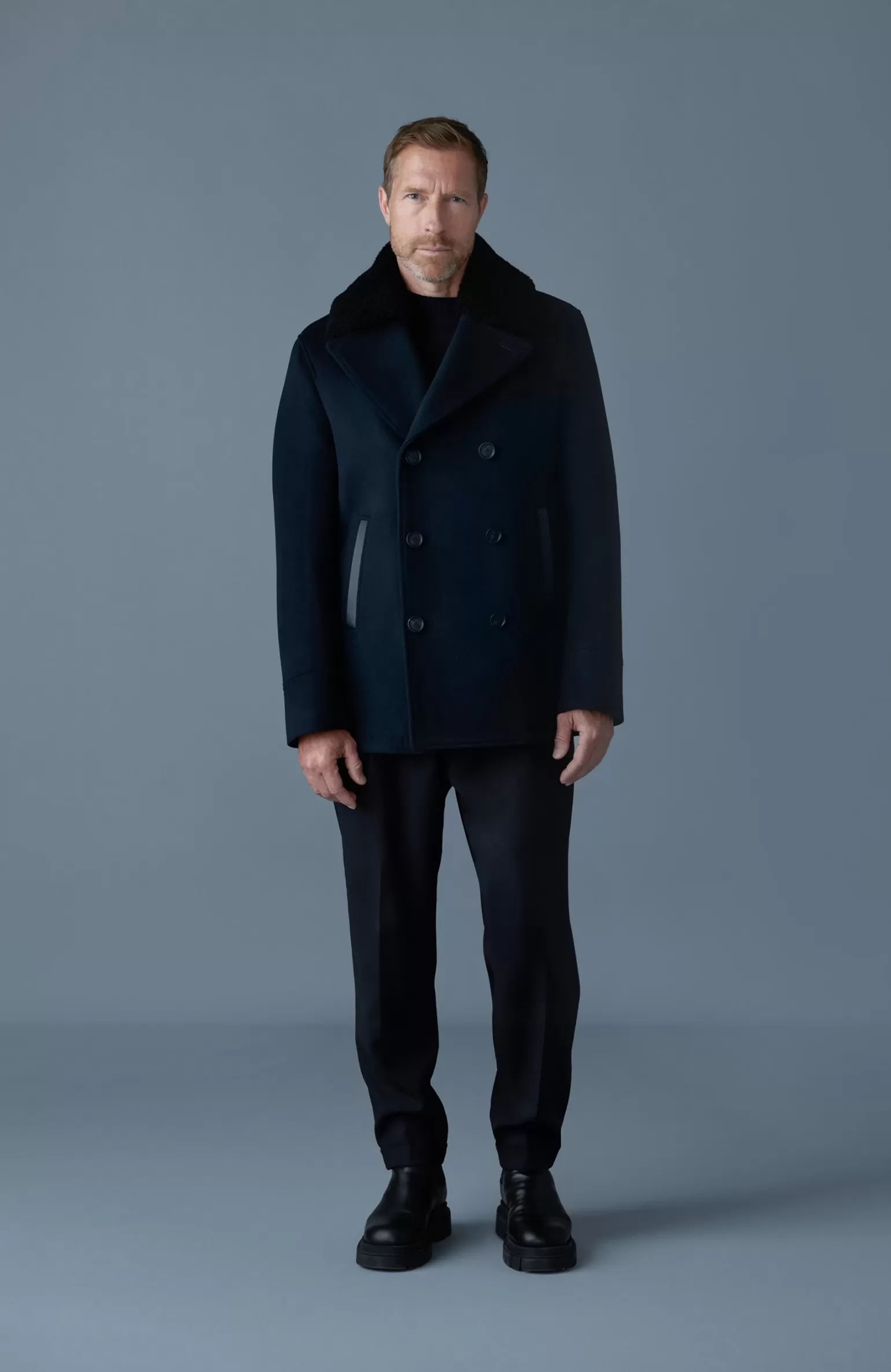 Mackage COLE wool double-breasted jacket with shearling collar Navy Cheap