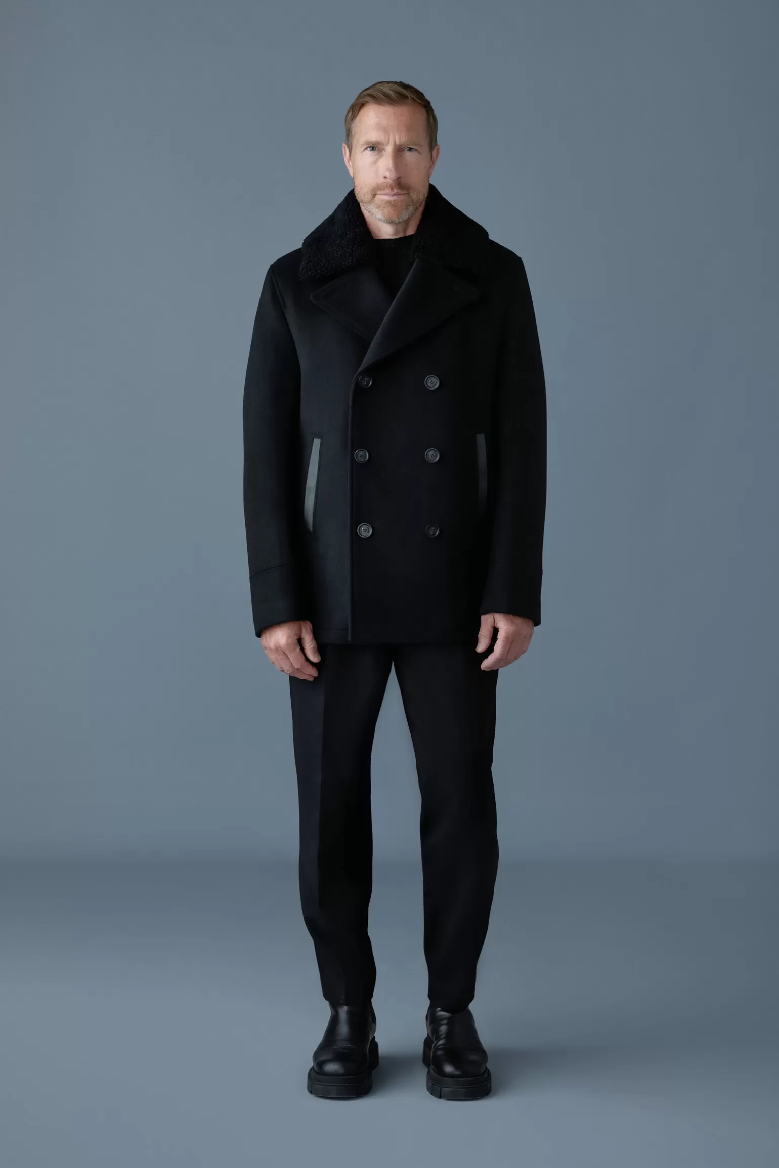 Mackage COLE wool double-breasted jacket with shearling collar Black Flash Sale