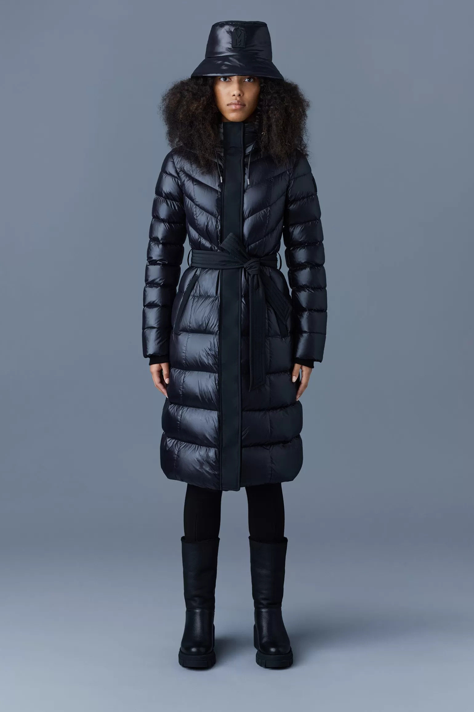 Mackage CORALIA down coat with hood and sash belt Black Clearance