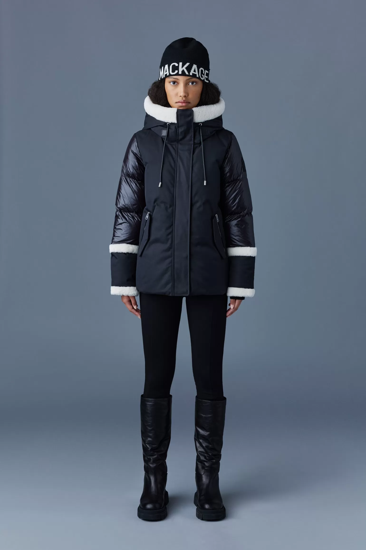 Mackage CYRAH Arctic Twill down jacket with shearling trim Black-Cream Hot