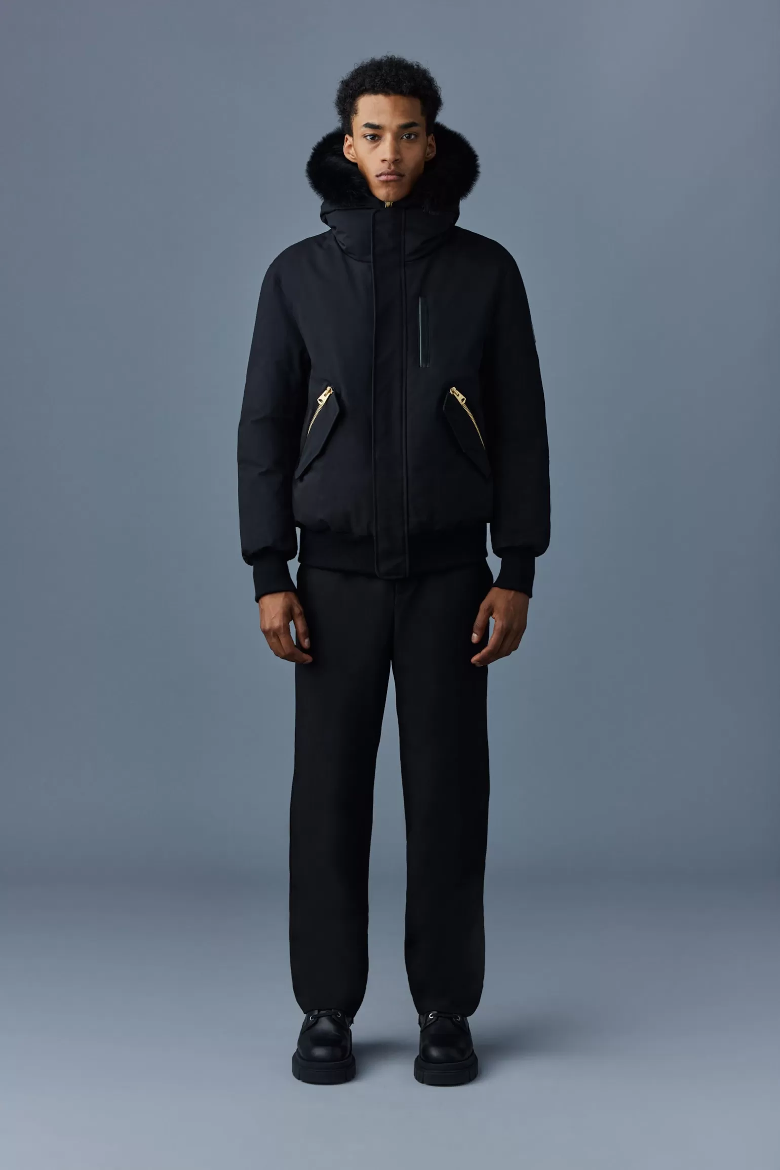 Mackage DIXON 2-in-1 Nordic Tech down bomber with blue fox fur Black-Gold Clearance