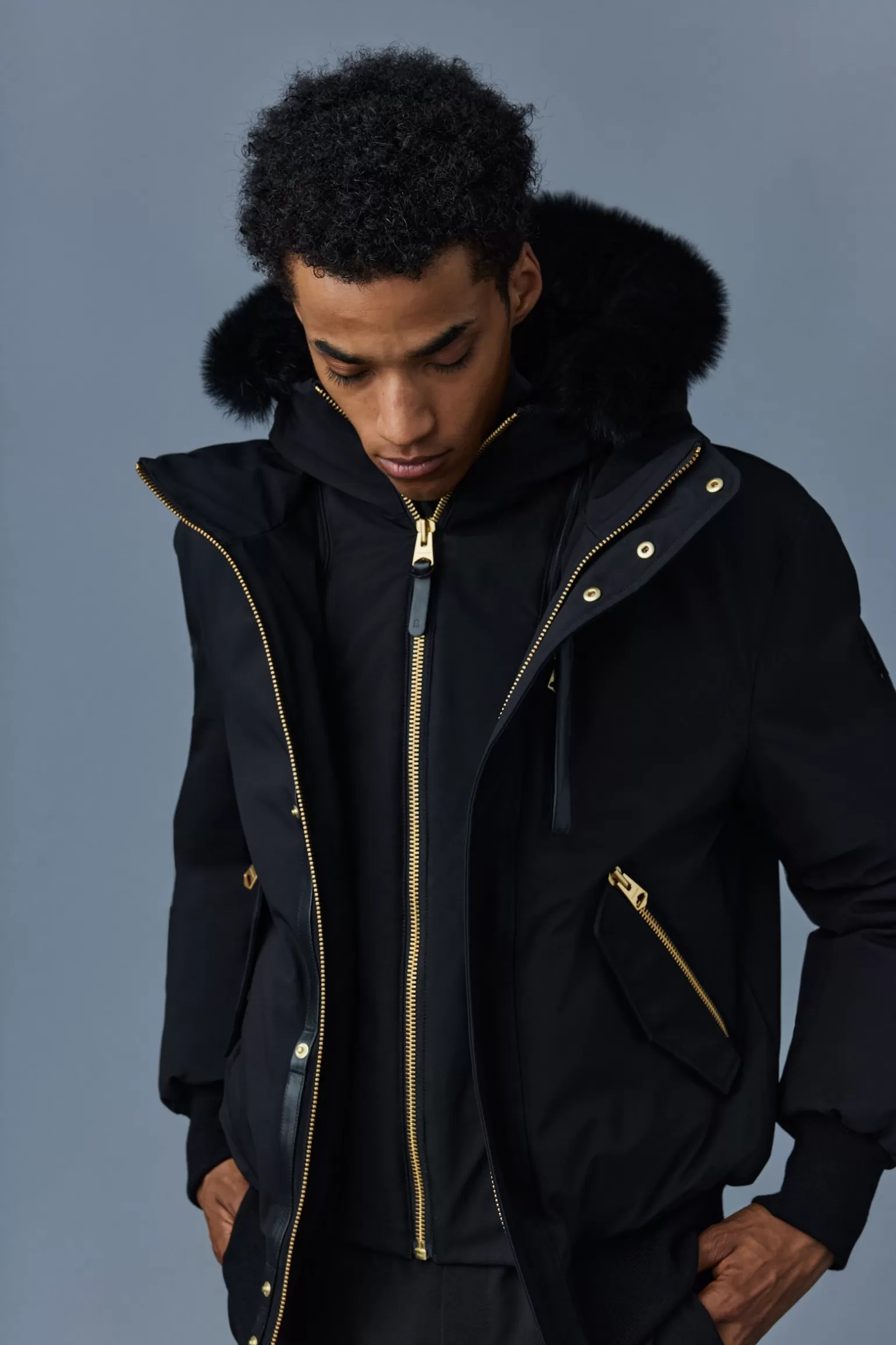 Mackage DIXON 2-in-1 Nordic Tech down bomber with blue fox fur Black-Gold Clearance