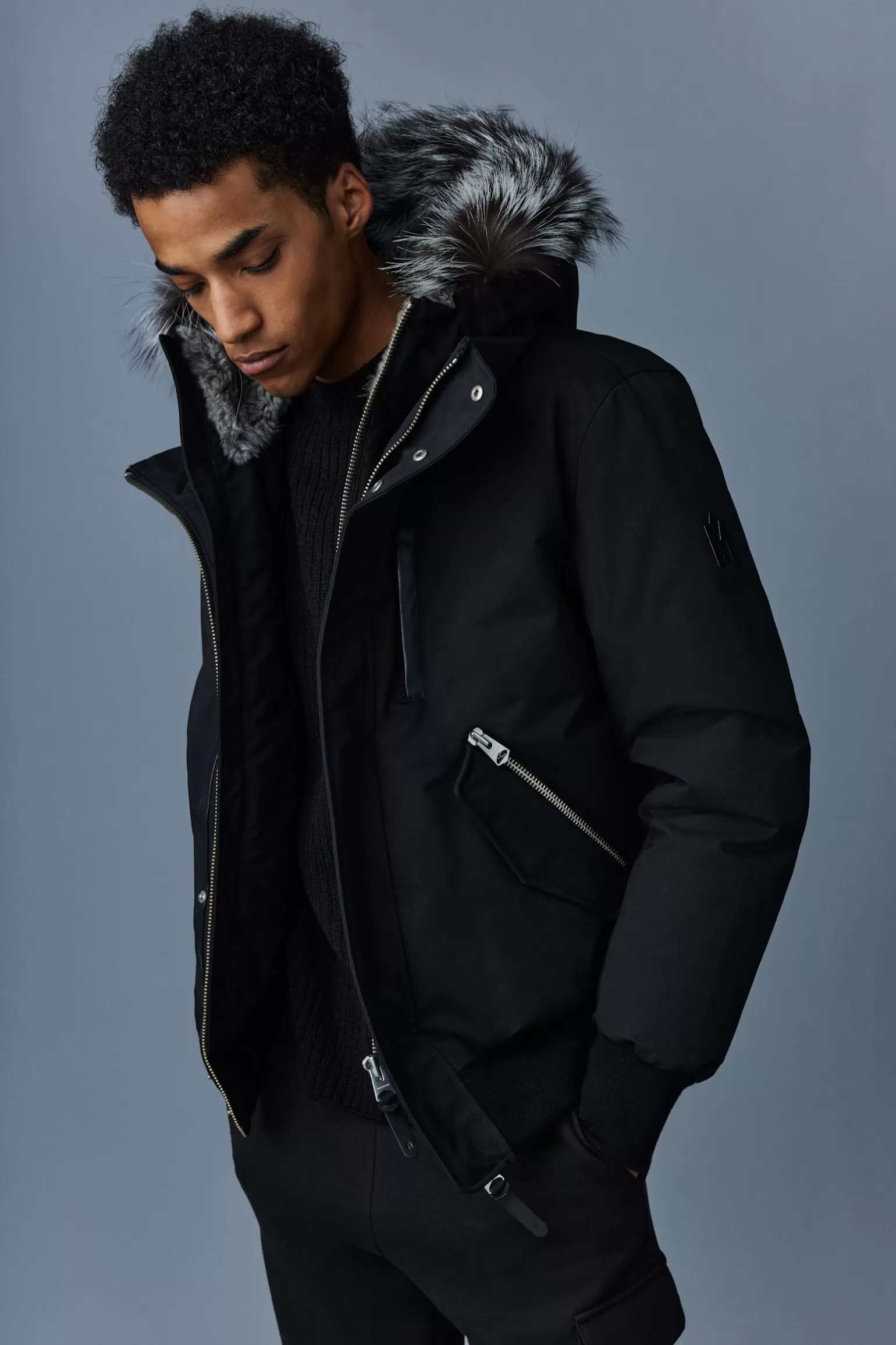 Mackage DIXON 2-in-1 Nordic Tech down bomber with silver fox fur Black-Silver Fashion