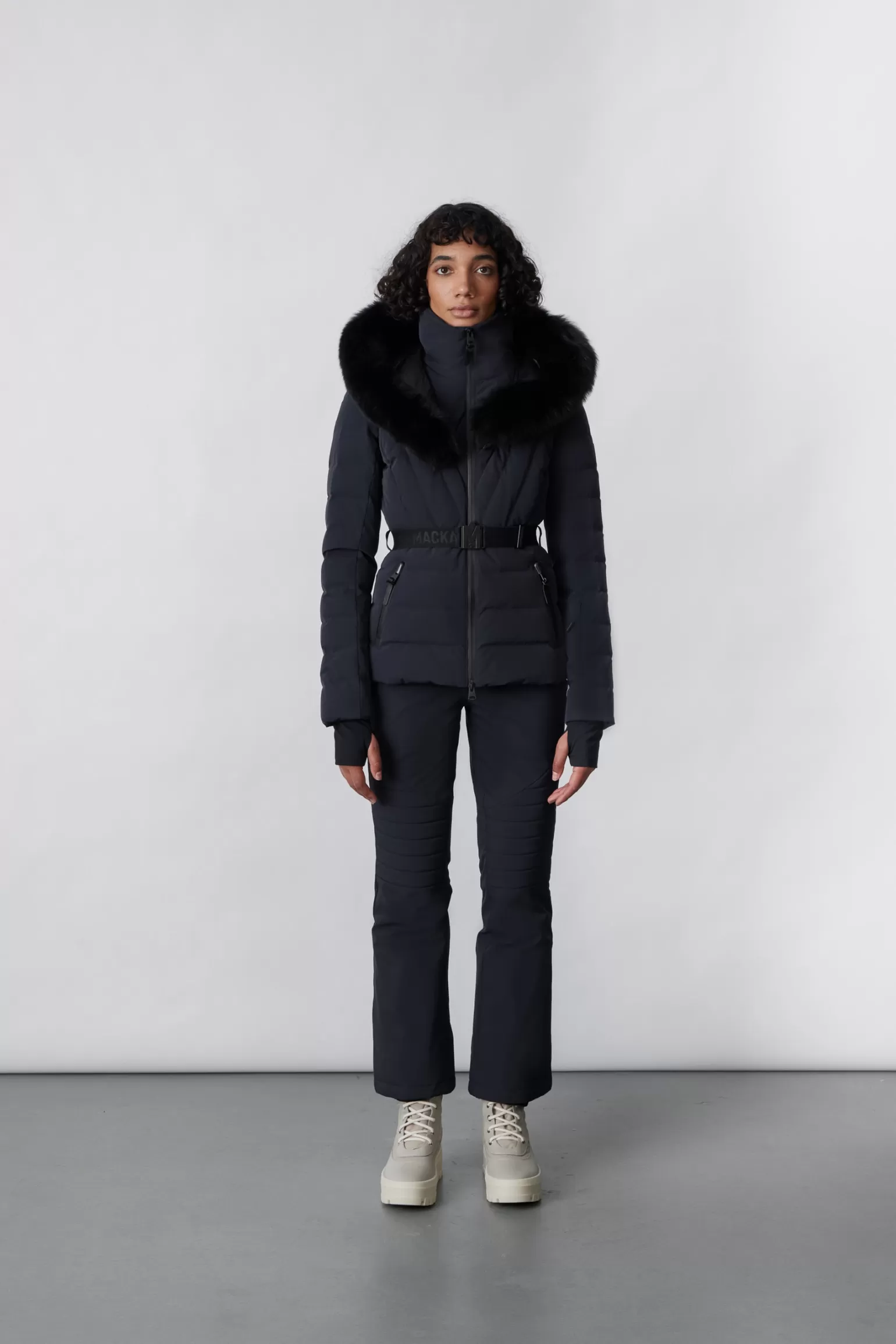 Mackage ELITA Down ski jacket with removable blue fox fur trim Black New