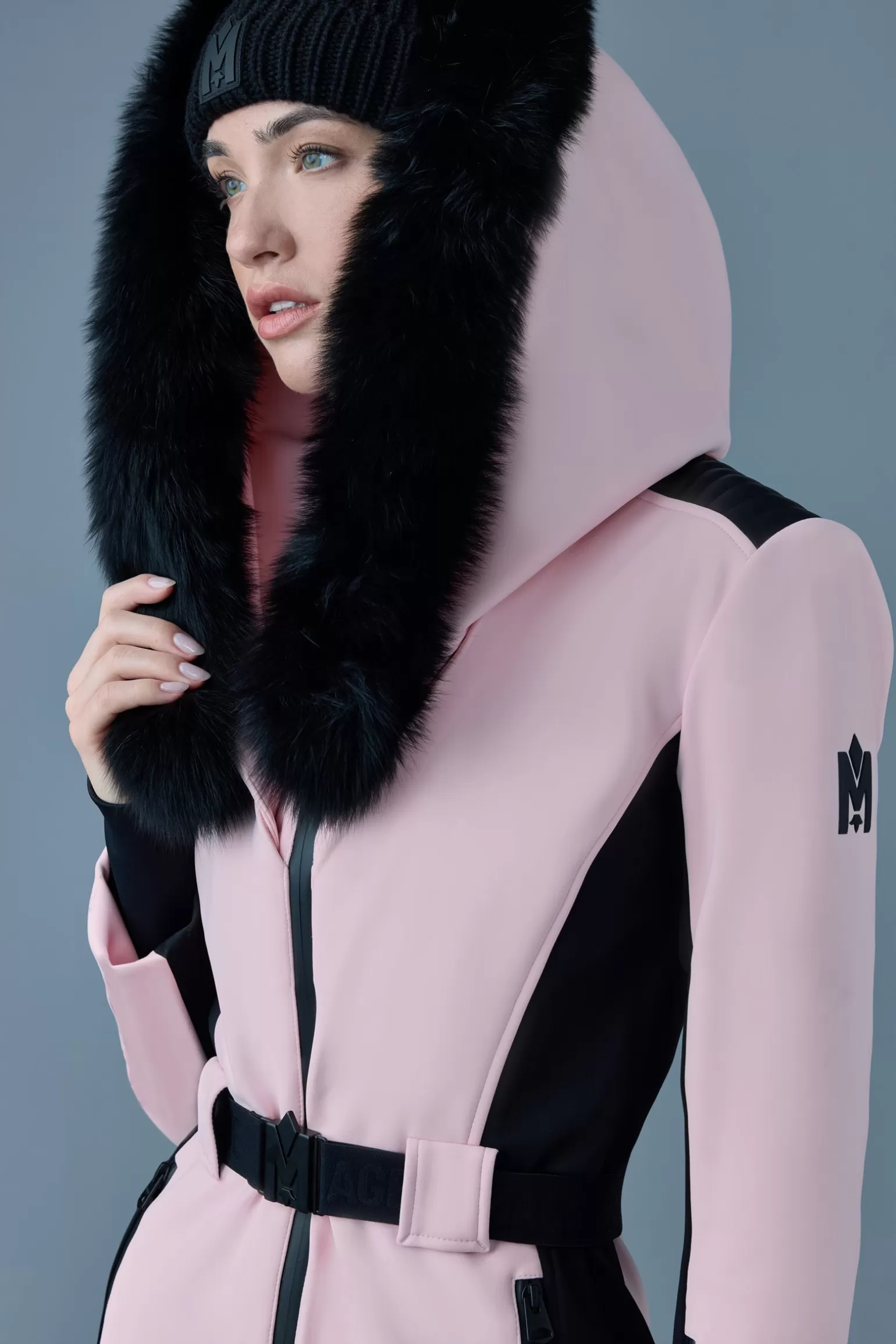 Mackage ELLE-Z Techno fleece ski suit with removable hood and fur trim Milkshake Sale