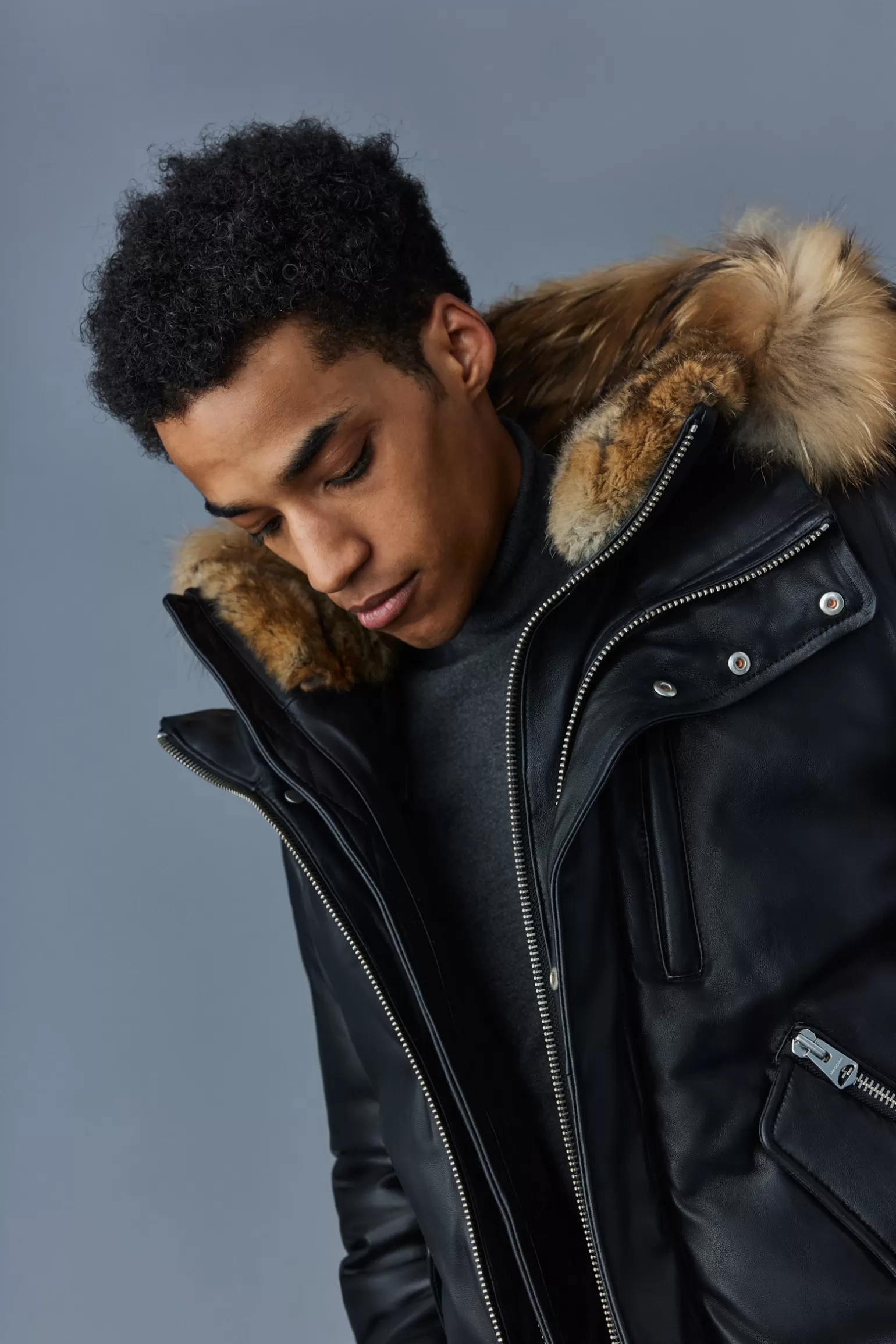 Mackage GLEN 2-in-1 (r) Leather bomber jacket with hooded bib & natural fur Black Discount