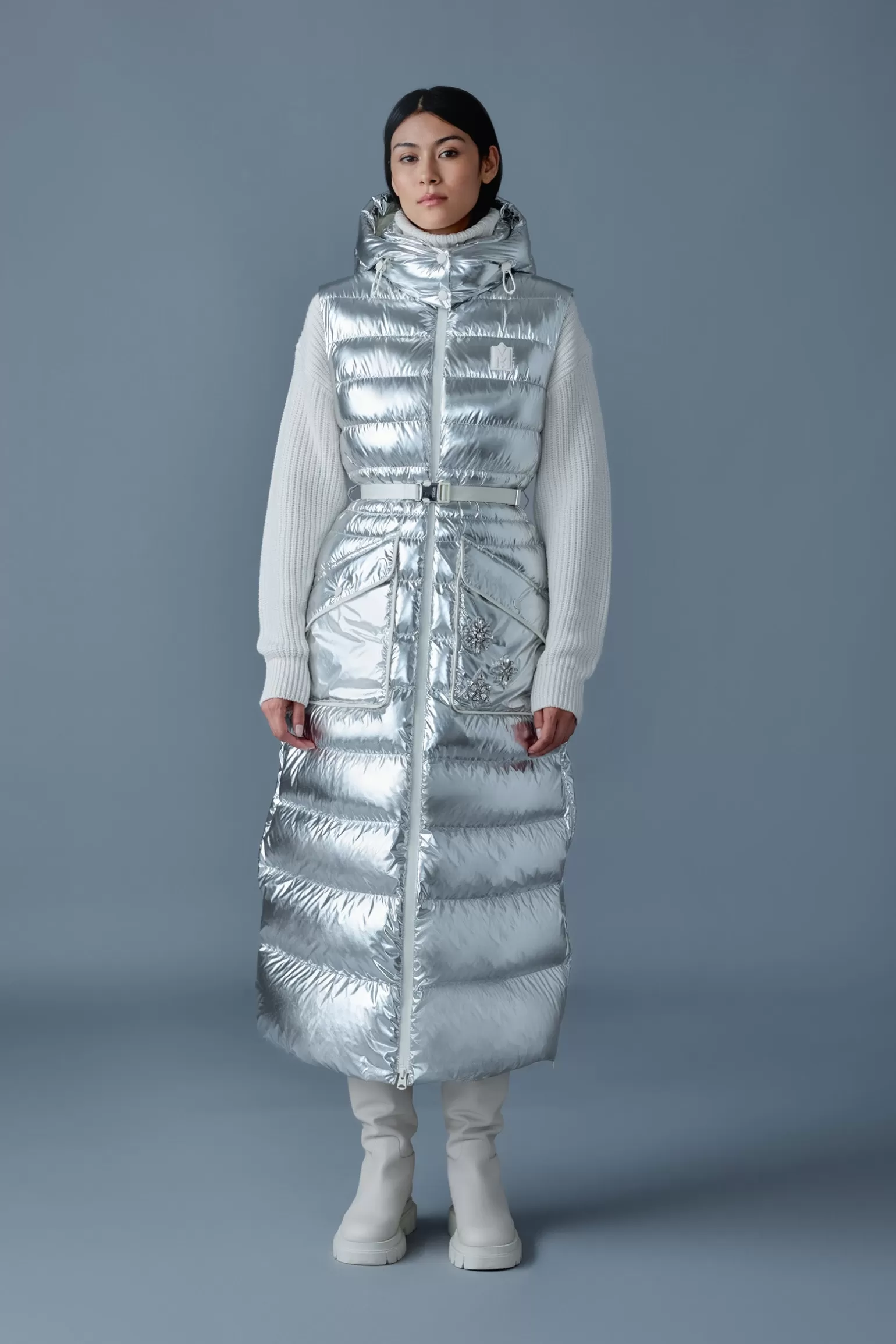 Mackage IVANKA-MSF Sleeveless metallic laminate snowflake coat Silver Shop