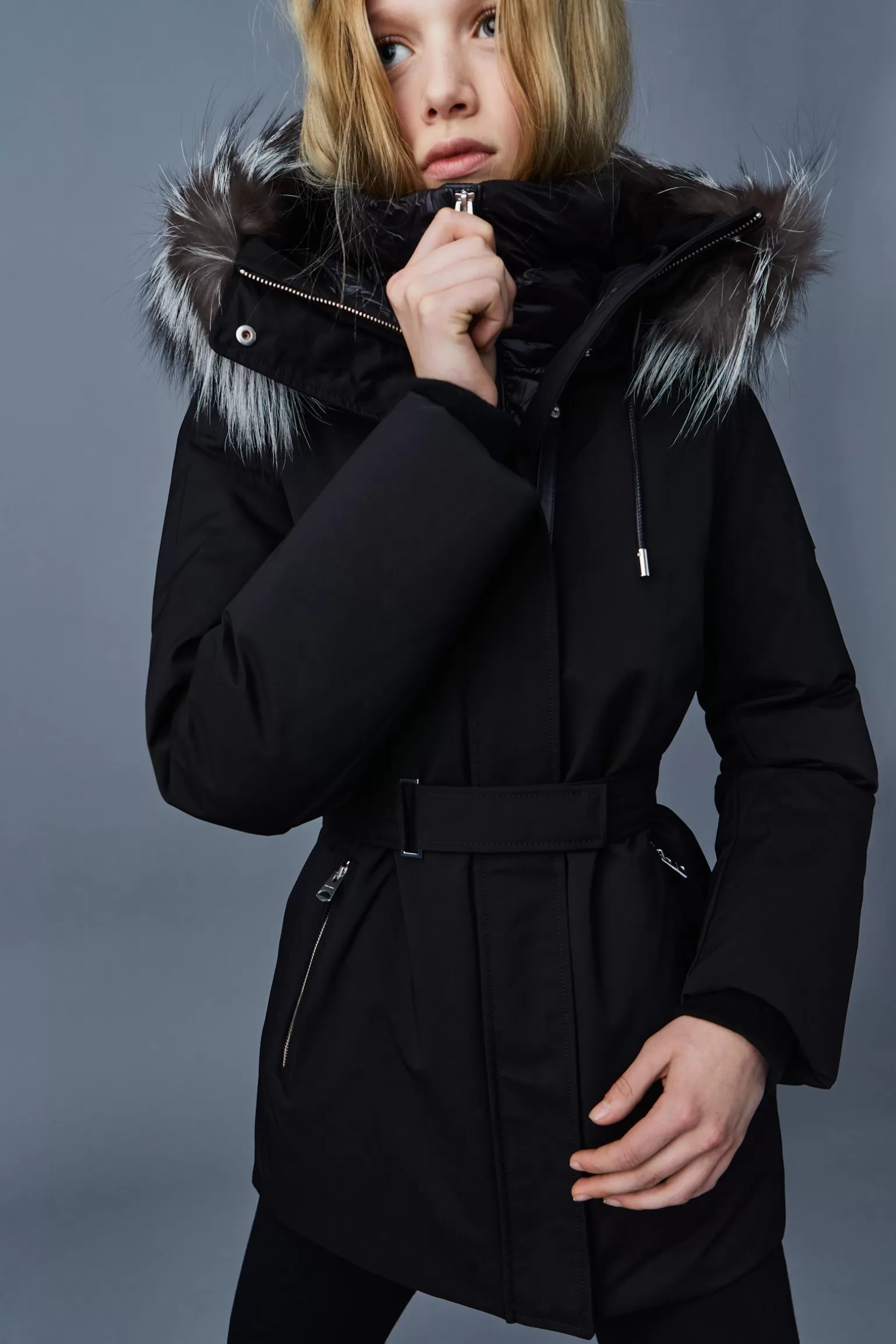 Mackage JENI 2-in-1 down parka with removable bib and silver fox fur Black Sale