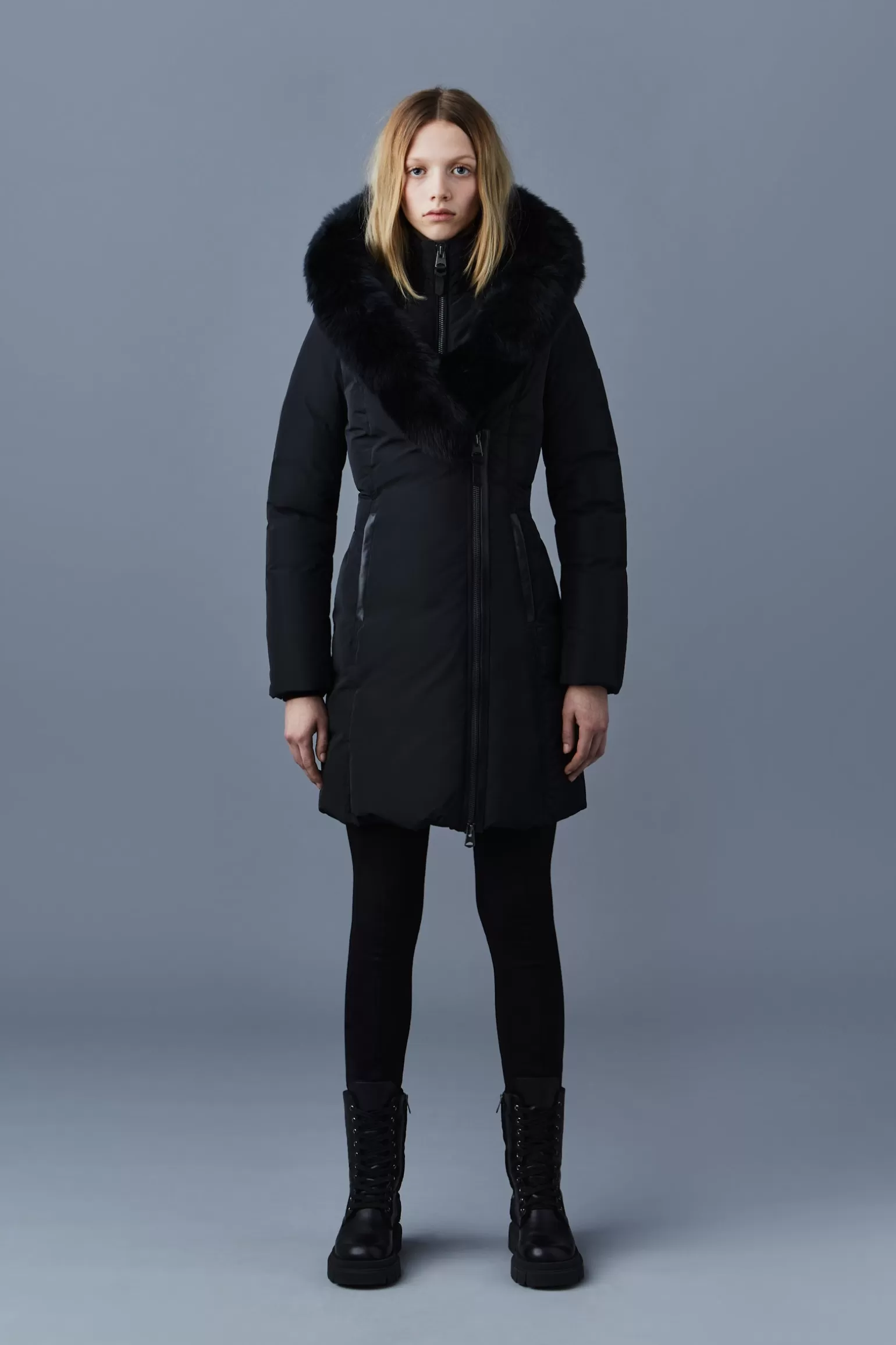 Mackage KAY Down coat with blue fox fur Signature Collar Black Flash Sale