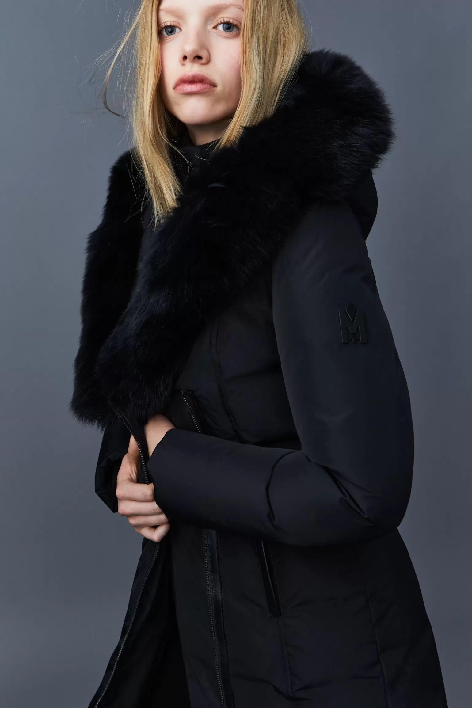 Mackage KAY Down coat with blue fox fur Signature Collar Black Flash Sale