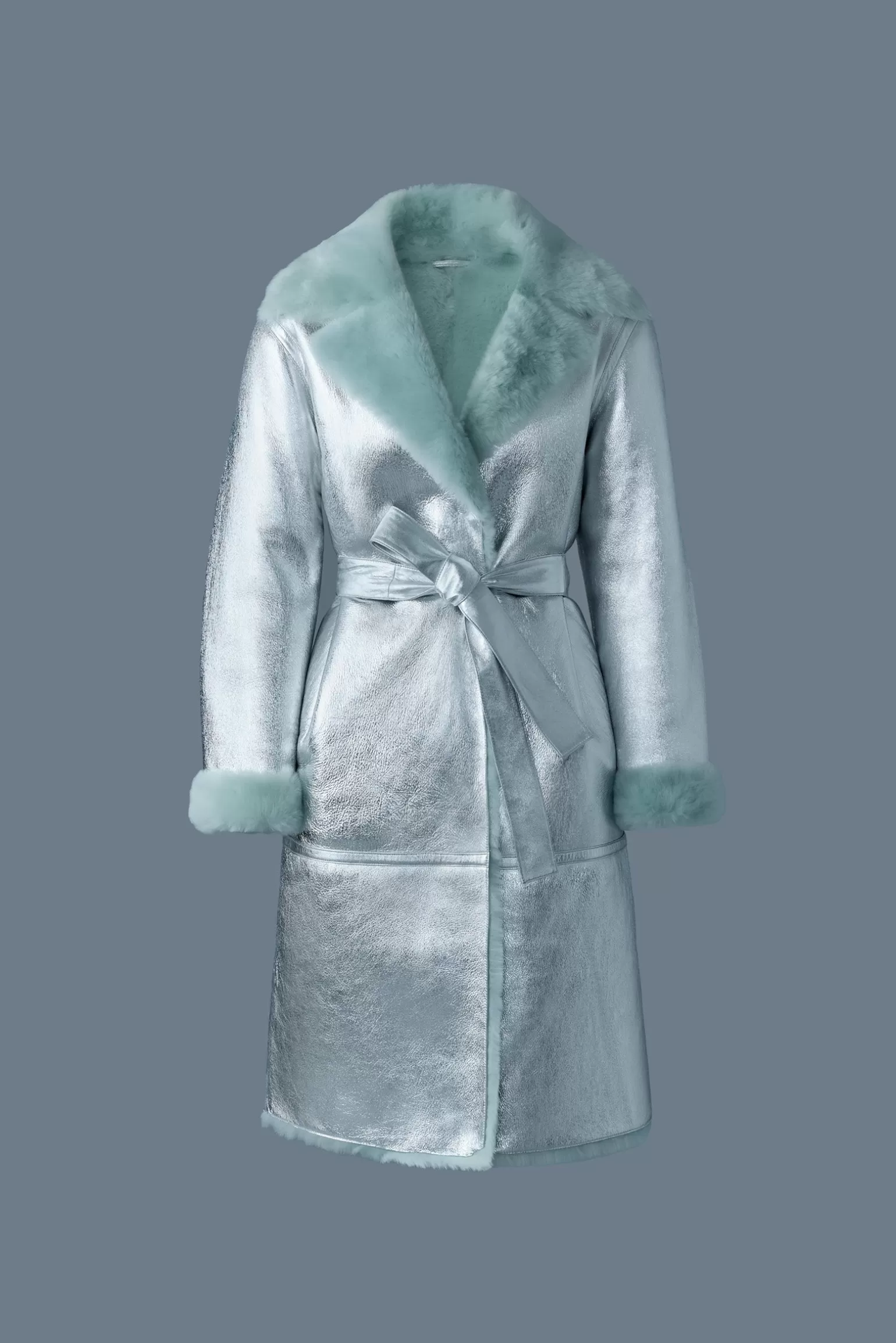 Mackage KIMBERLY Long leather shearling coat Silver-Mint Best Sale