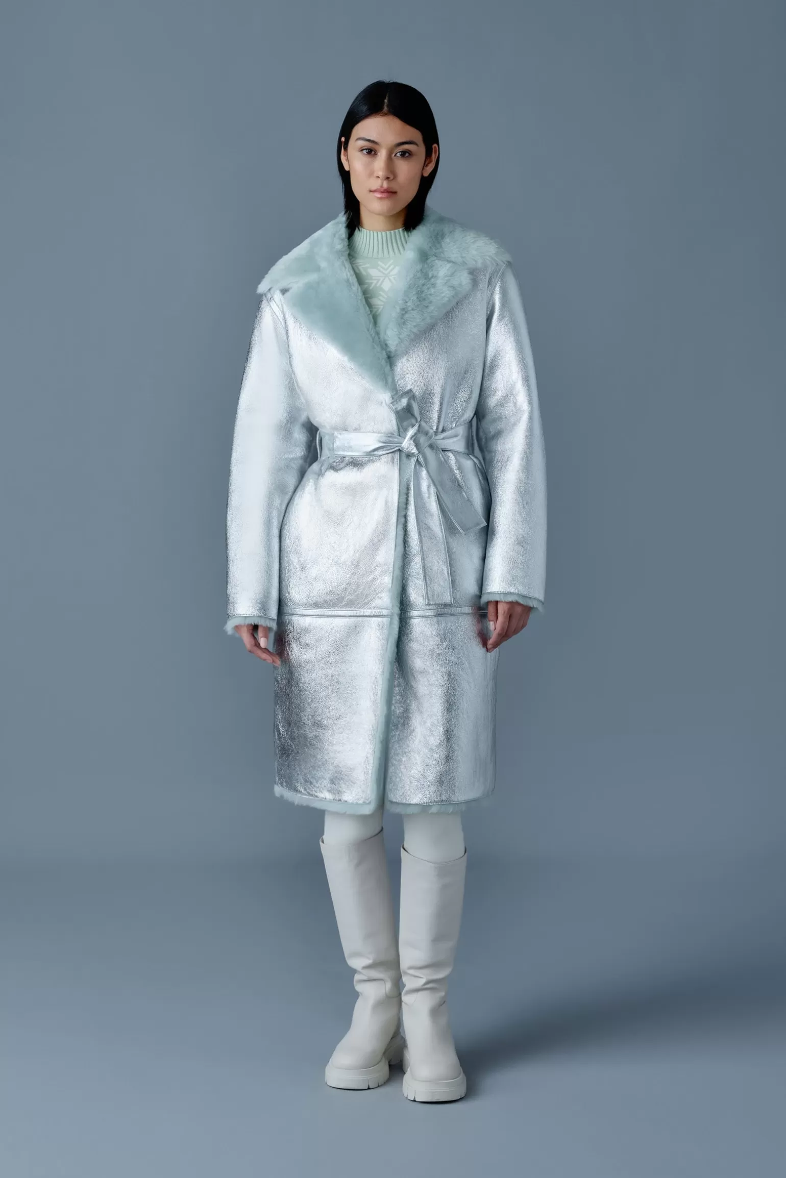 Mackage KIMBERLY Long leather shearling coat Silver-Mint Best Sale