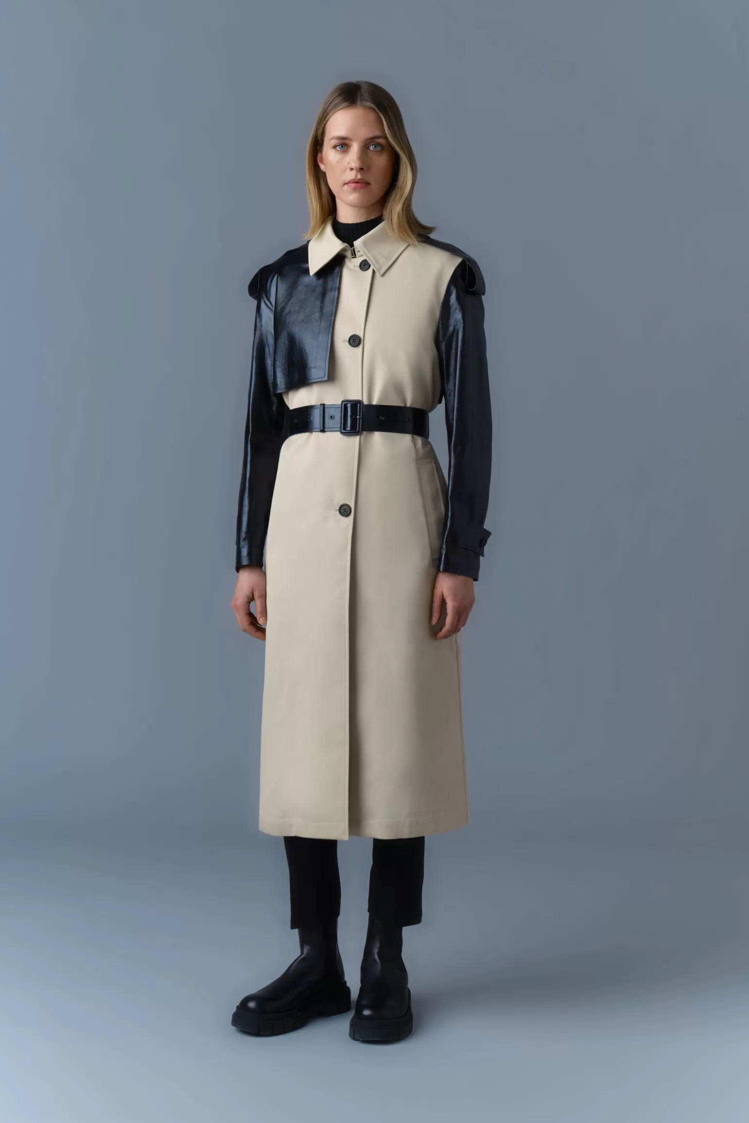 Mackage LEIKO Maxi Two-Toned Twill & Leather Trench Sale