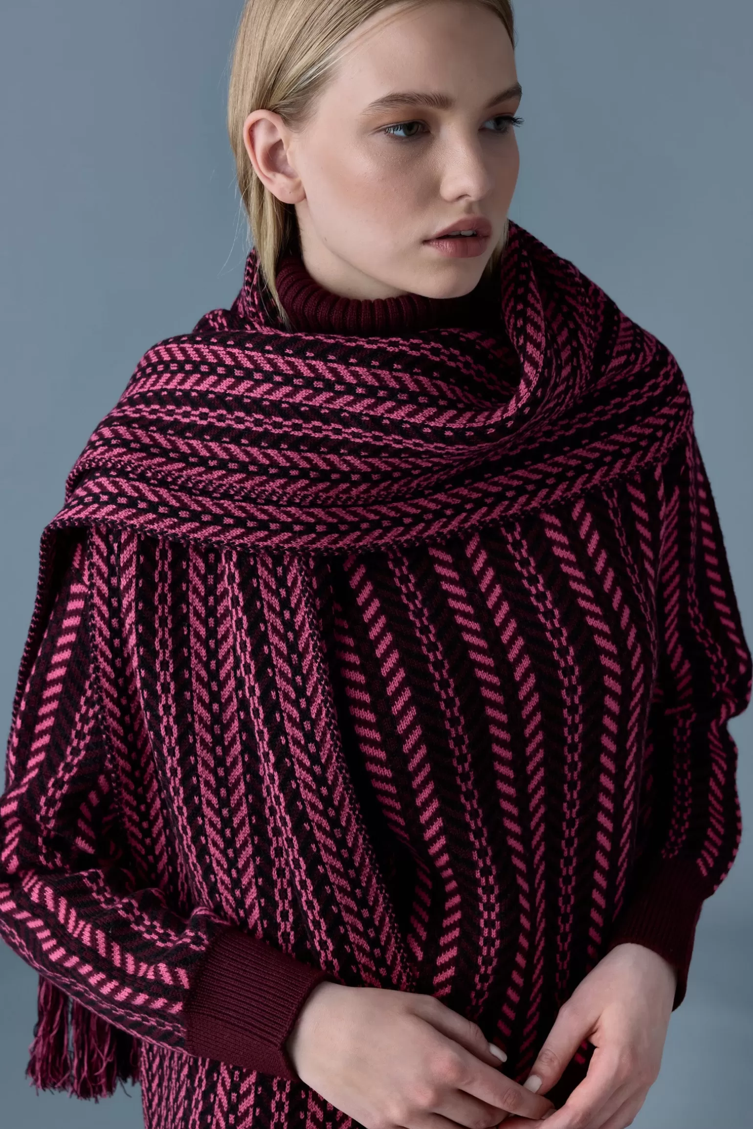 Mackage MONA-CK Rectangular Jacquard wool scarf with fringed ends BrightPink Sale