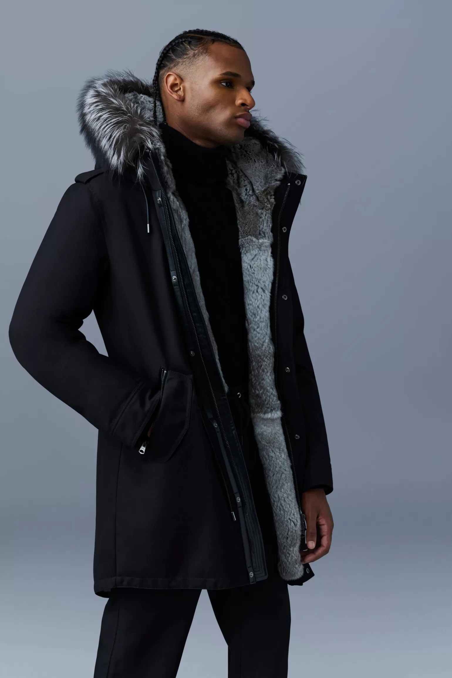 Mackage MORITZ rabbit fur-lined twill parka with removable silver fox fur trim Black Best Sale