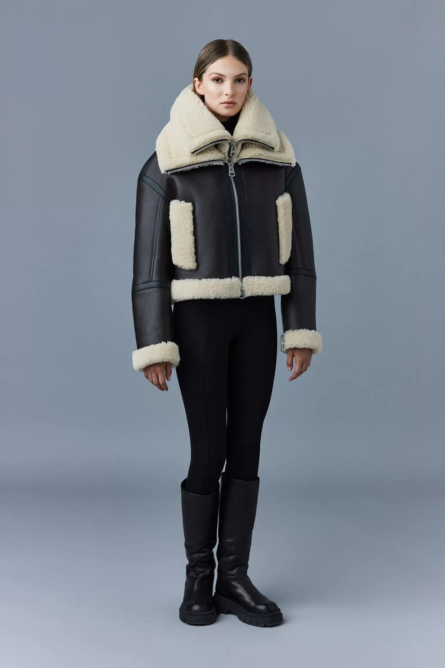 Mackage PENELOPA Sheepskin jacket with double collar Chocolate Sale