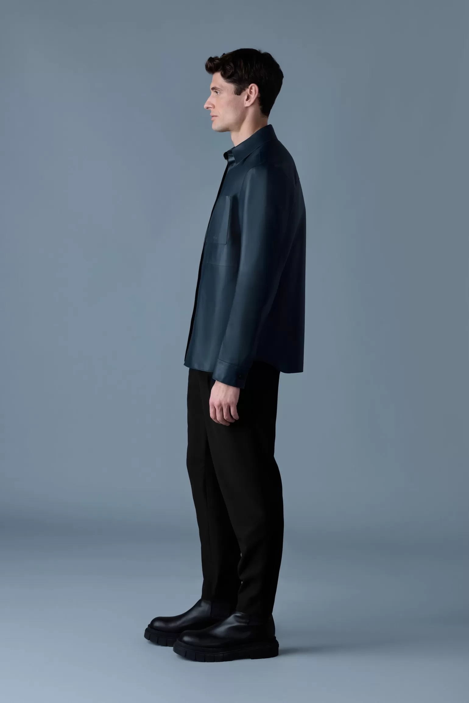 Mackage REMINGTON Two-tone colored leather overshirt Navy-Lightmilitary Discount