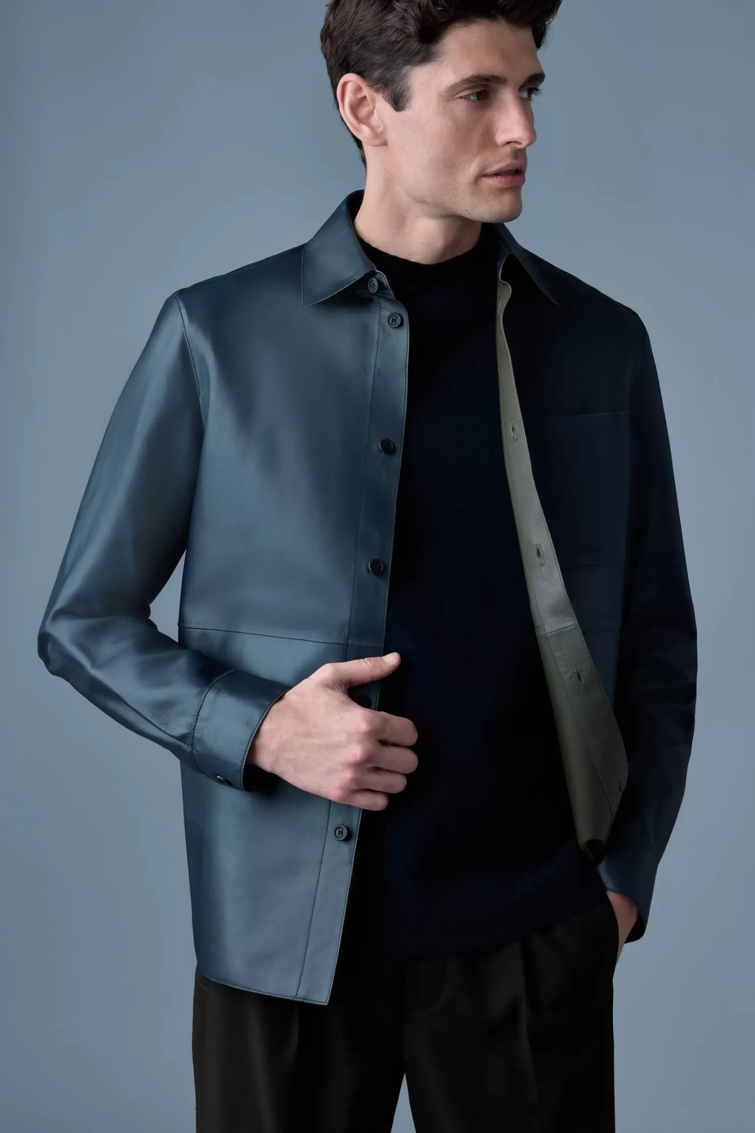 Mackage REMINGTON Two-tone colored leather overshirt Navy-Lightmilitary Discount