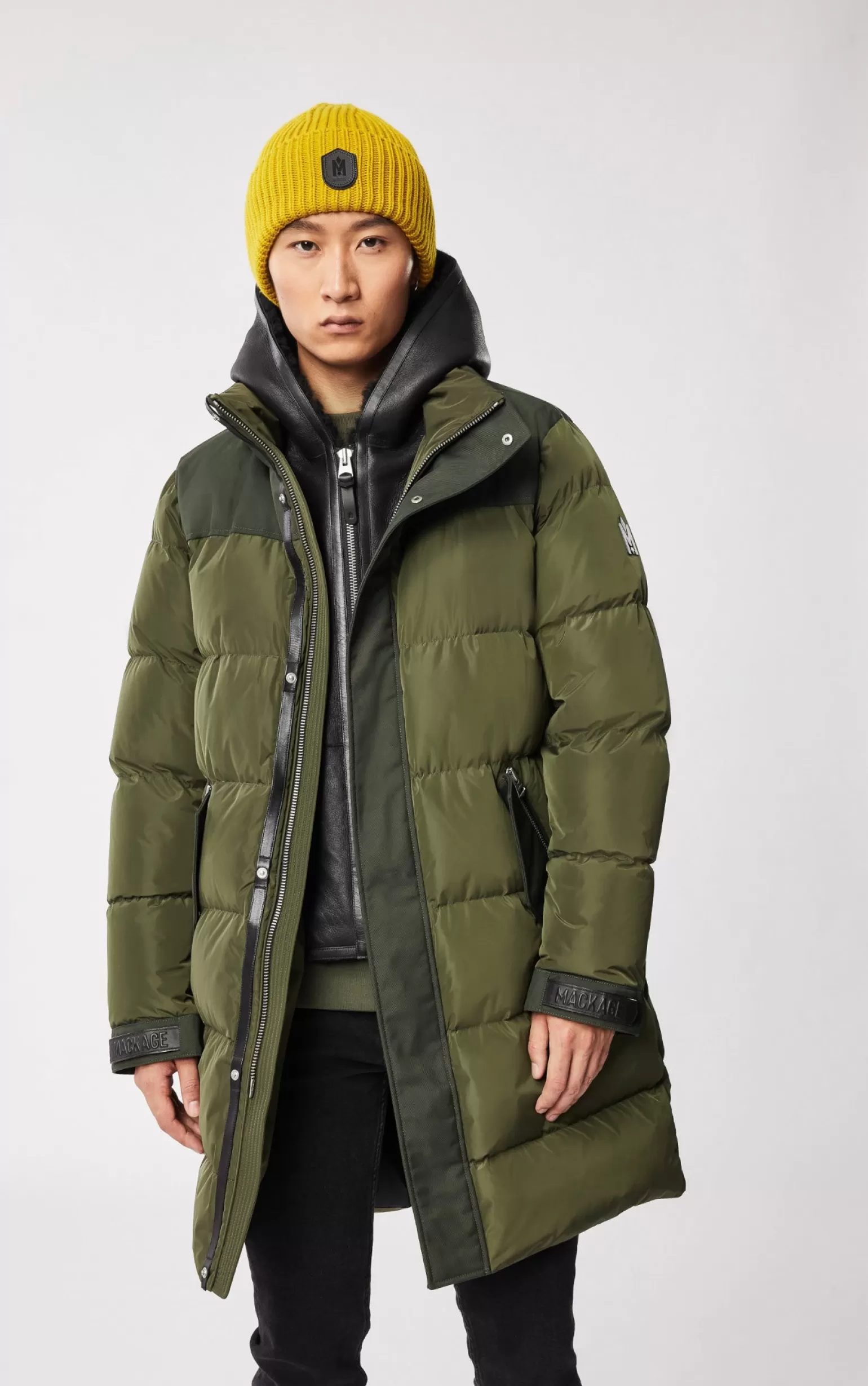 Mackage REYNOLD down coat with removable shearling bib and hood Army Sale