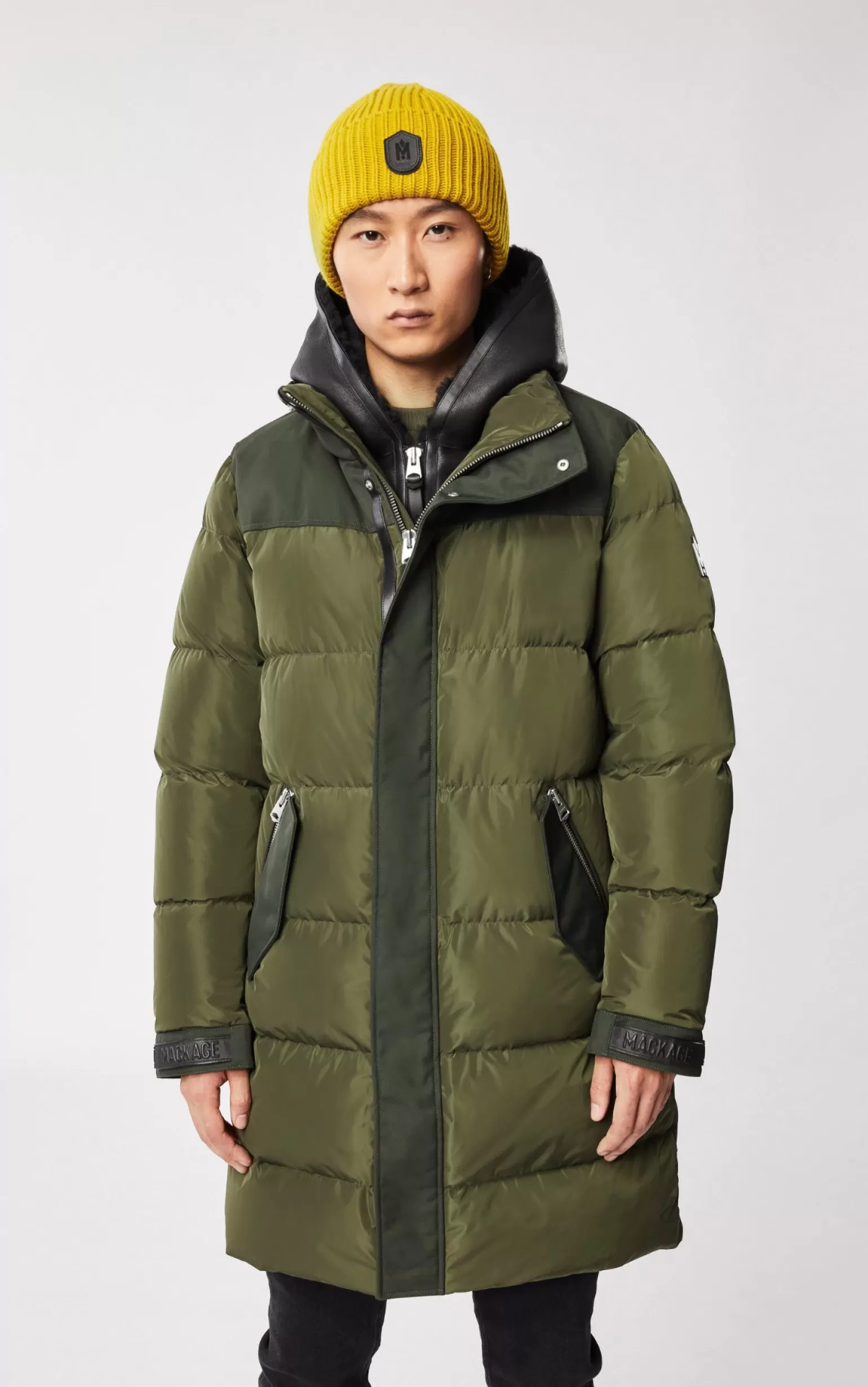 Mackage REYNOLD down coat with removable shearling bib and hood Army Sale