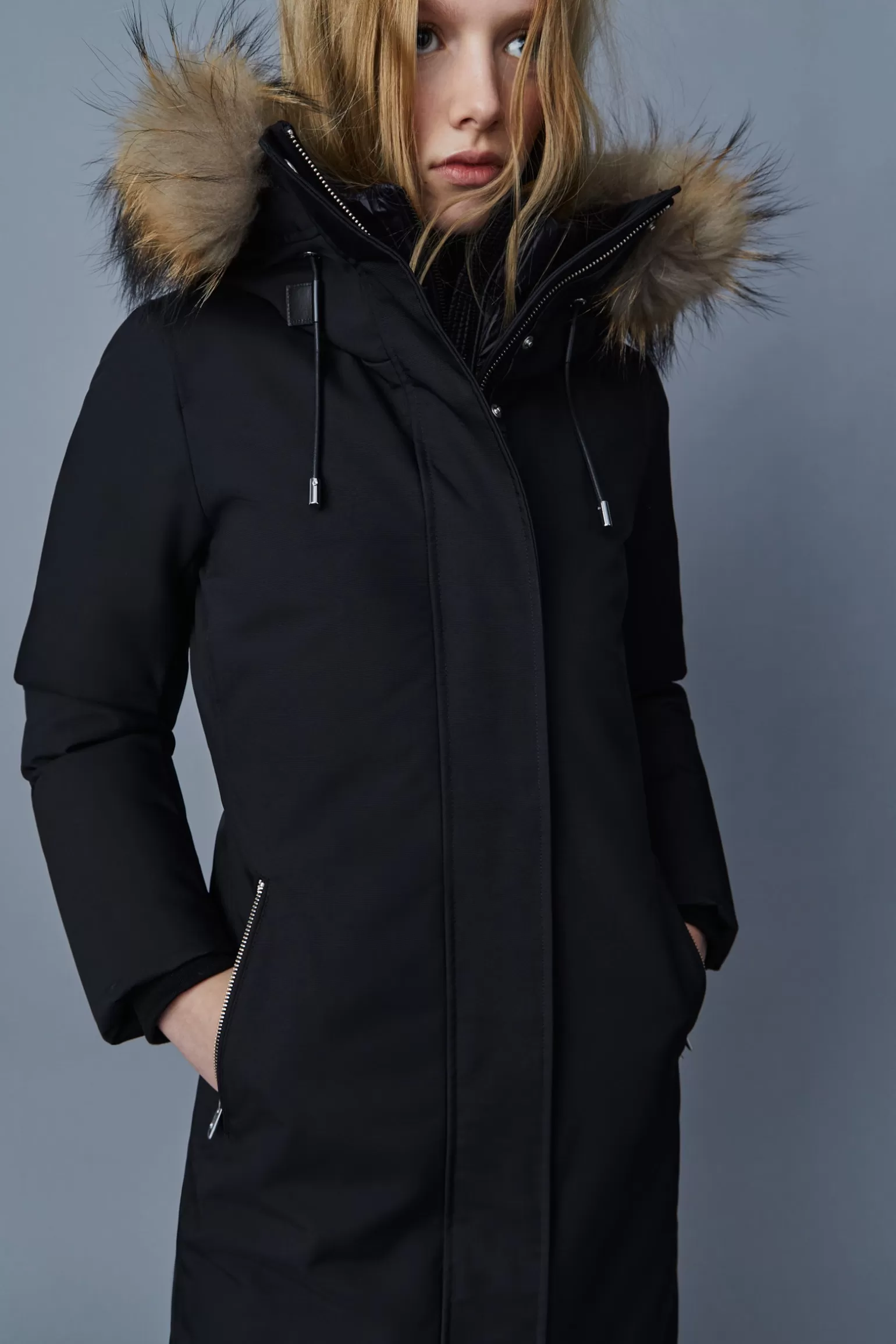 Mackage SHILOH 2-IN-1 fitted down coat with removable bib and natural fur Black Discount