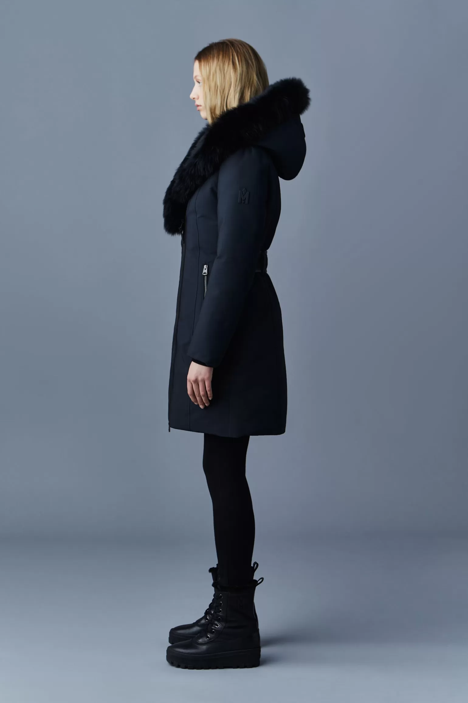 Mackage TRISH Powder Touch down coat with blue fox fur Signature Collar Black Hot