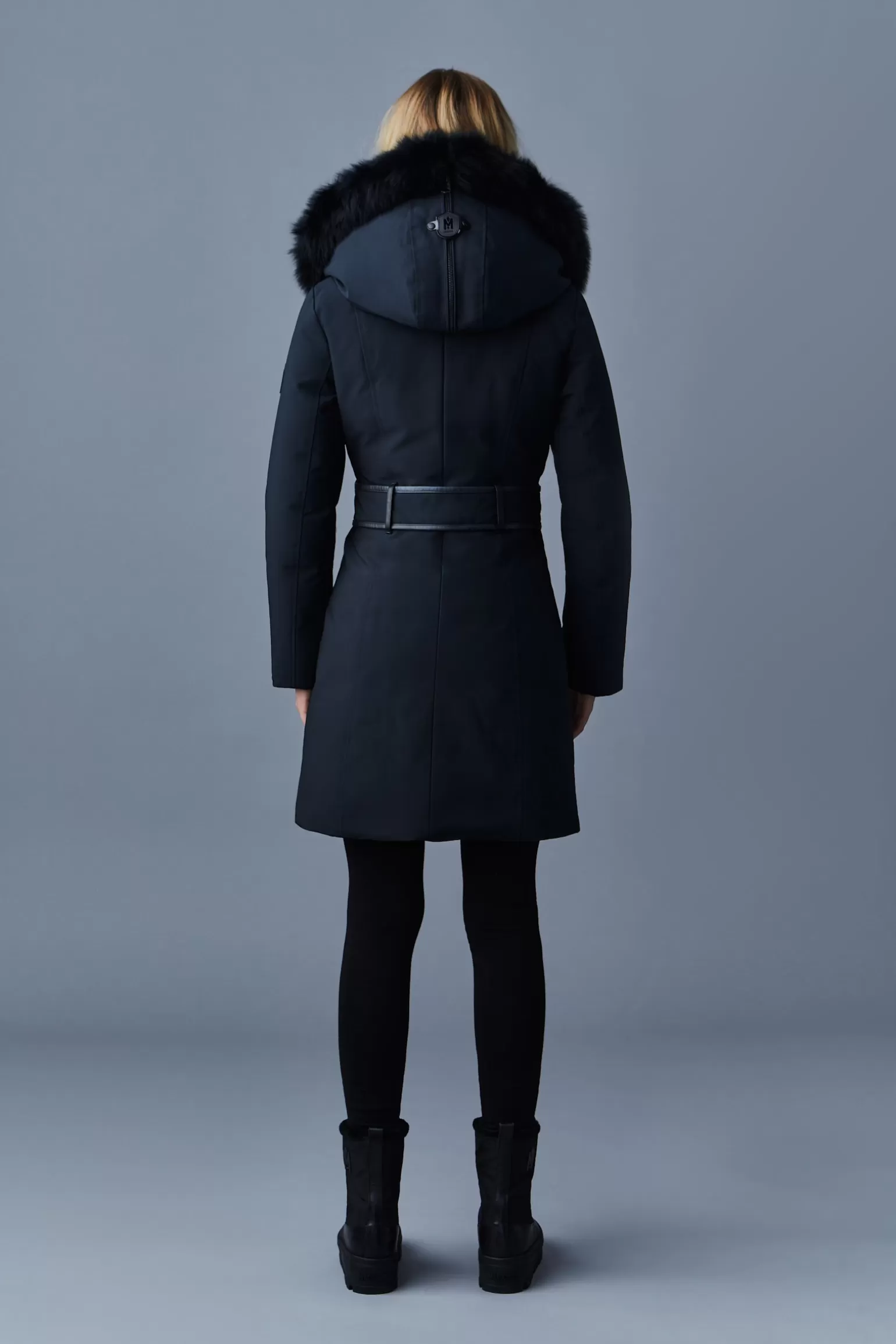 Mackage TRISH Powder Touch down coat with blue fox fur Signature Collar Black Hot
