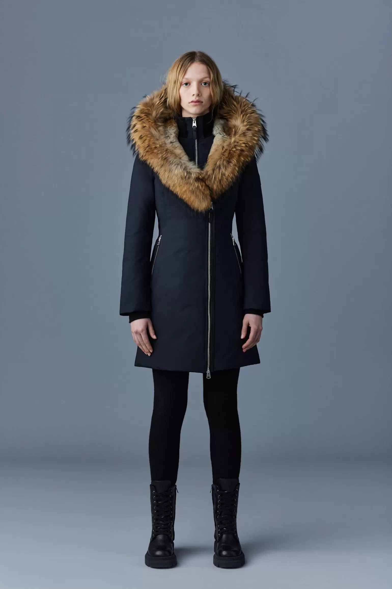 Mackage TRISH Powder Touch down coat with natural fur Signature Collar Black Clearance