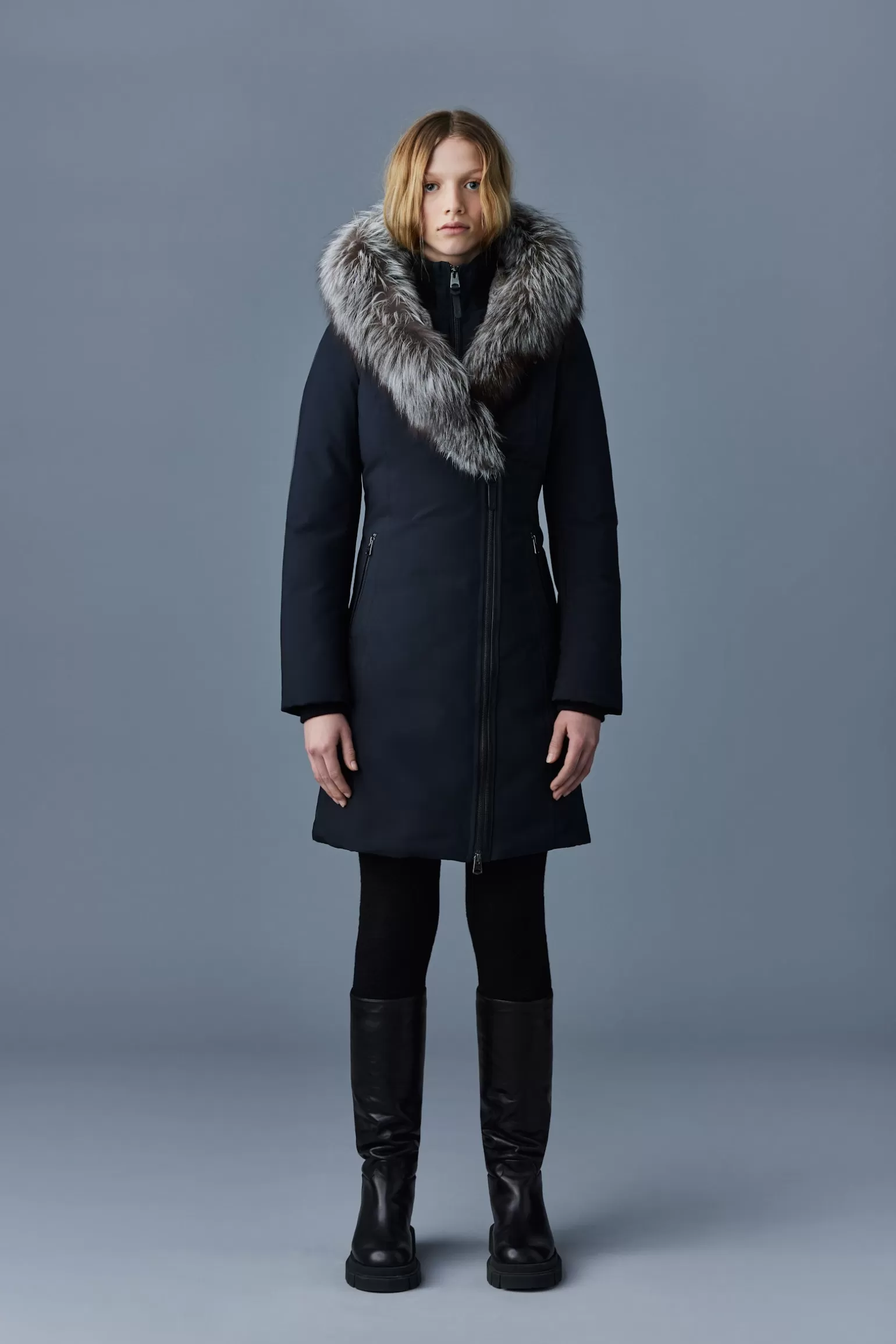 Mackage TRISH Powder Touch down coat with silver fox fur Signature Collar Black Outlet
