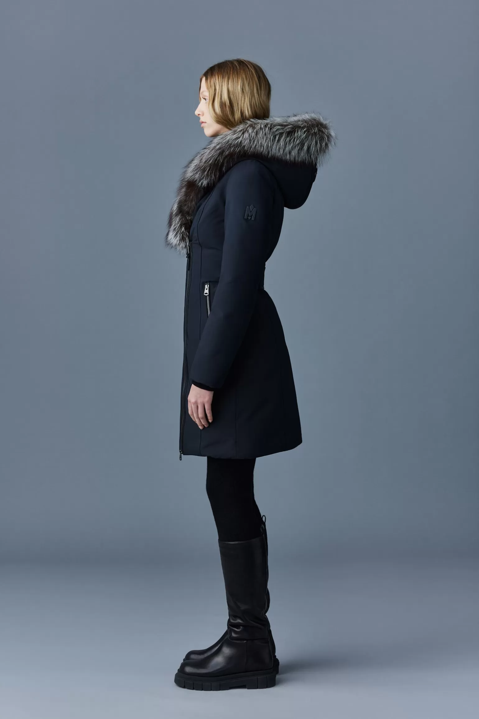 Mackage TRISH Powder Touch down coat with silver fox fur Signature Collar Black Outlet